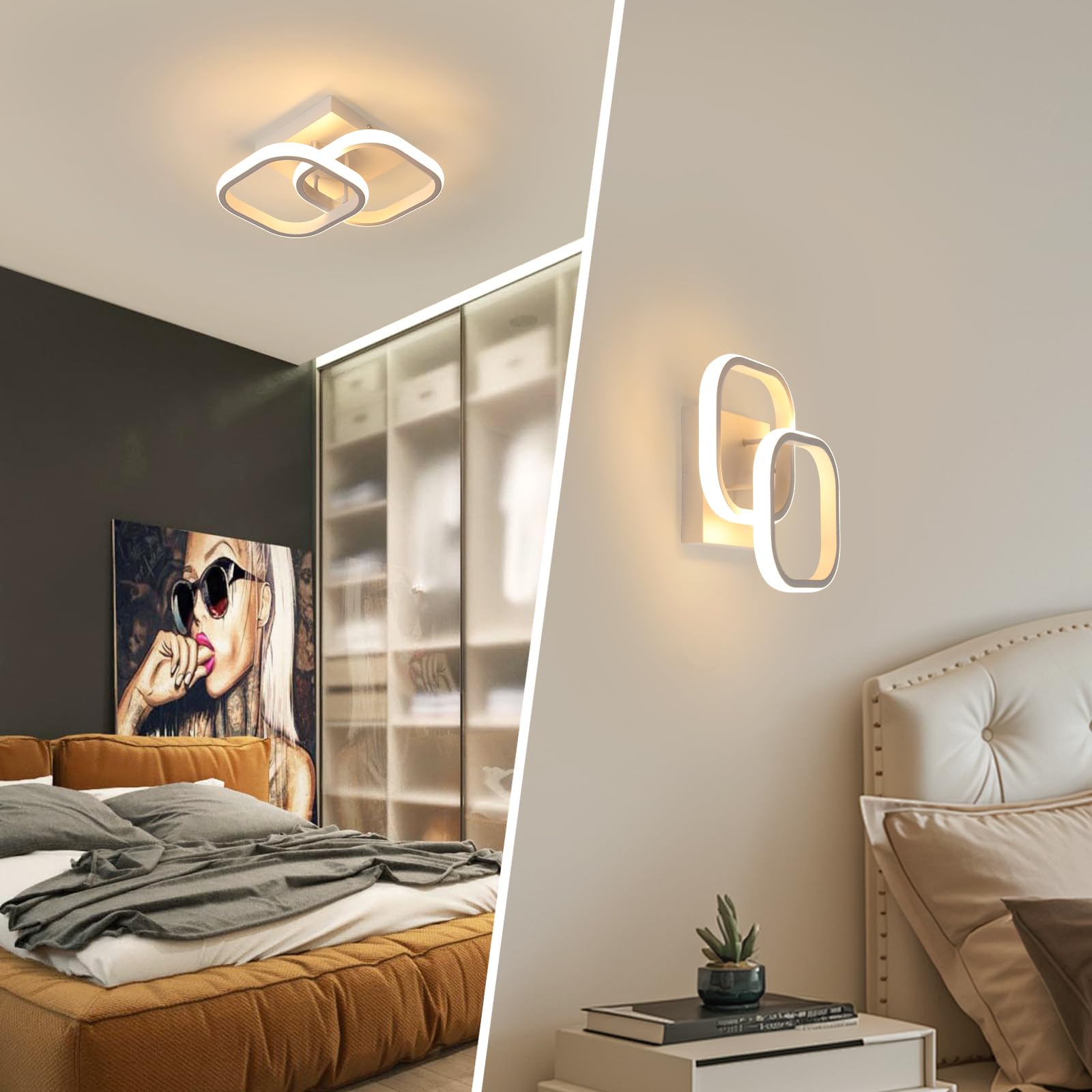 Plafoniera LED Moderna, 2 Pezzi 22W 2475LM per Soggiorno, Lampadario Bianco da Soffitto per Camera da Letto, Corridoio, Cucina - Bianco Caldo 3000K