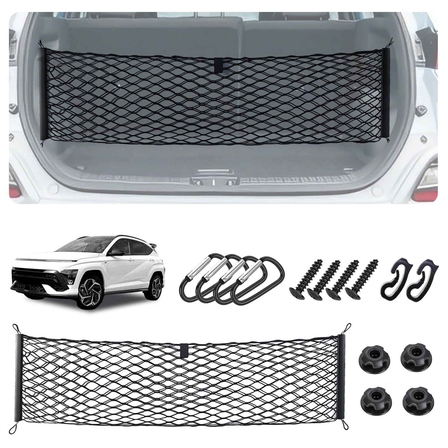 Envelope Style Cargo Net for Hyundai Kona 2024 2025 2026 Accessories, Rear Trunk SUV Mesh Cargo Net, Upgraded 5mm Bungee &amp; Double-Layer Nylon Storage Tailgate Netting Grocery&amp;Tools Holder Organizer