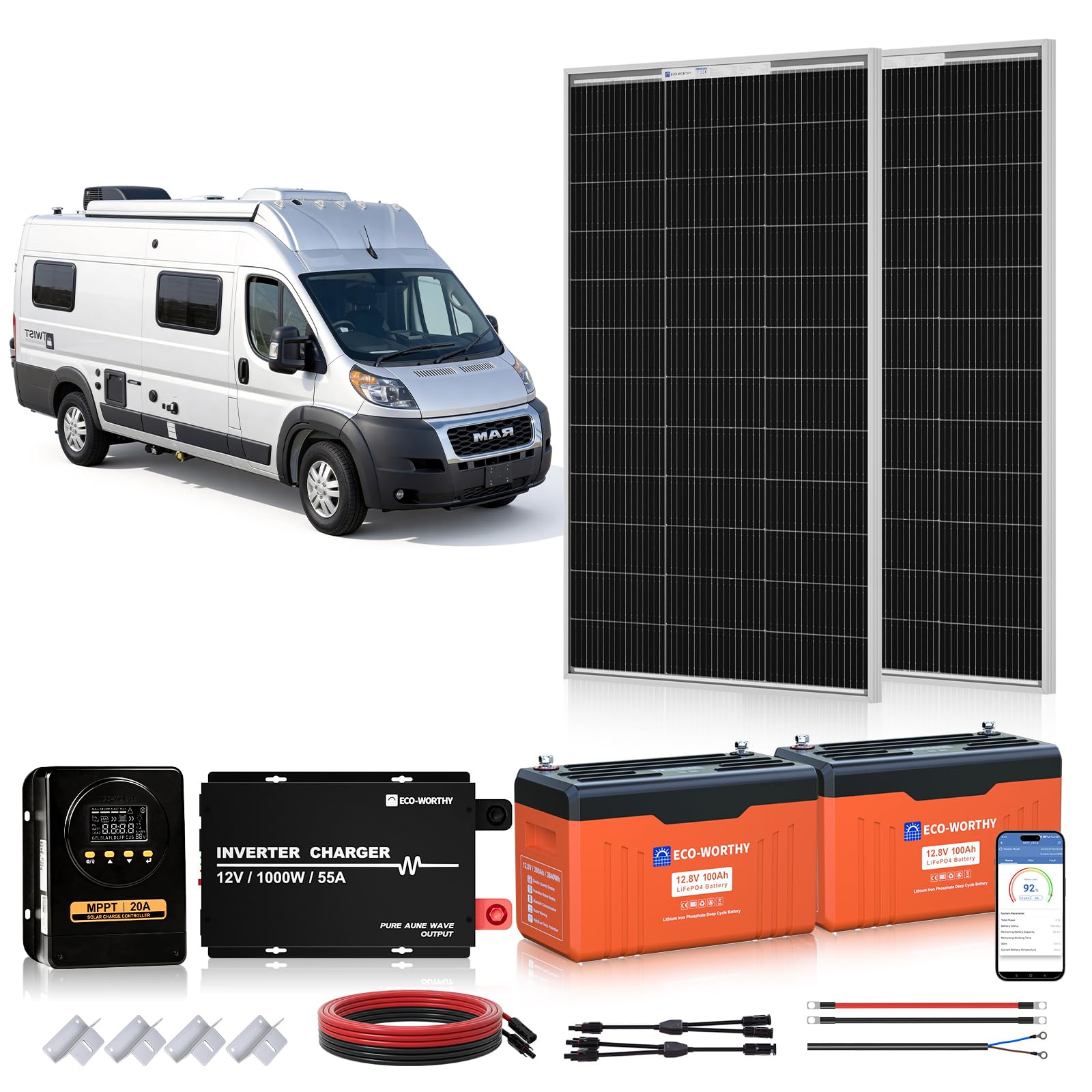 ECO WORTHY 12V 200W Solar Panel kit with Battery and Inverter for RV Off Grid:2PCS 100W Solar Panel,2PCS 12V 100Ah Lithium Battery with SOC Display,1000W Inverter,20A MPPT Controller with Bluetooth