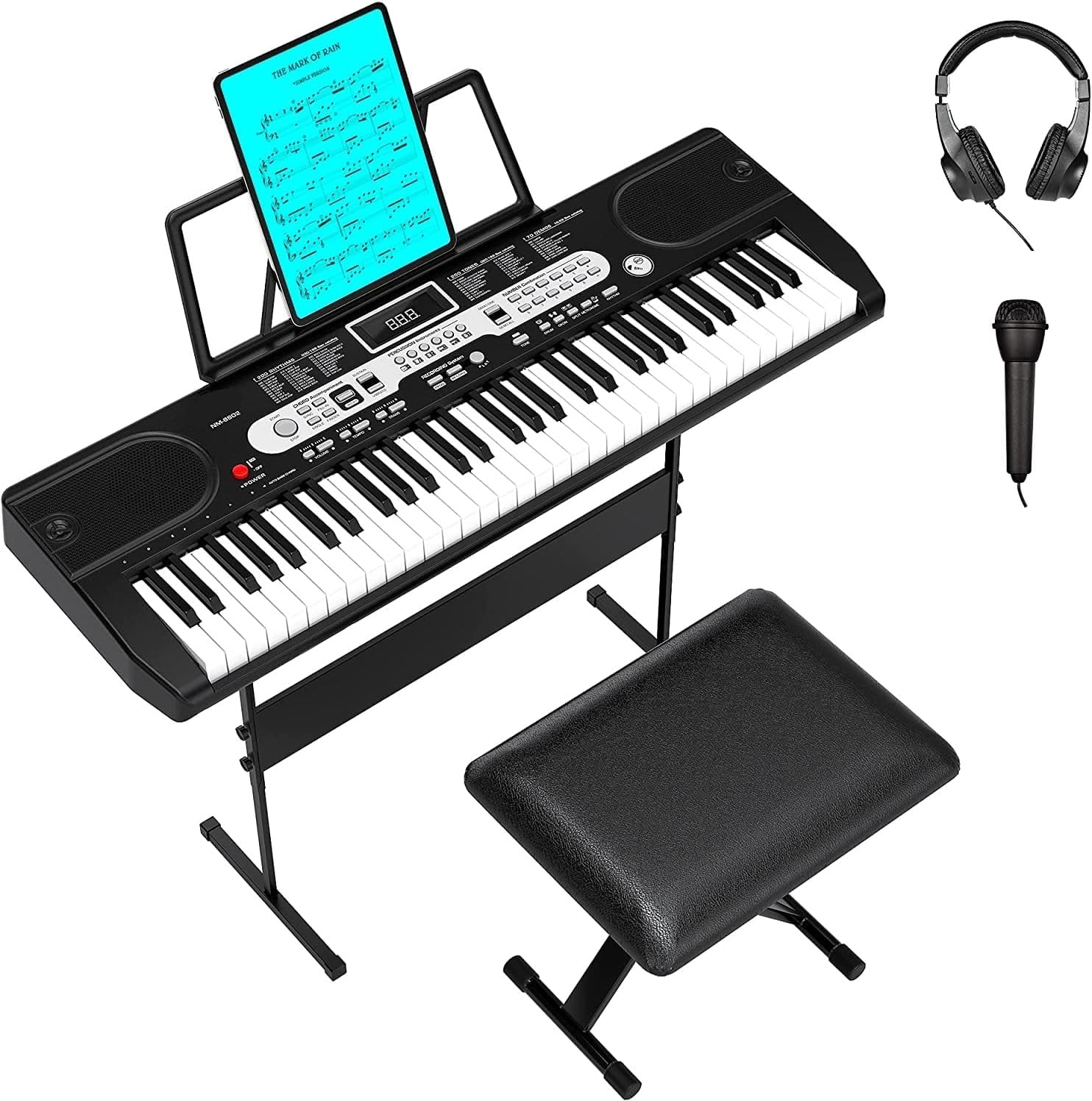 61 Tasten Elektronisches Keyboard Piano für Anfänger, Komplettes Home Digital Piano Set mit Mikrofon, Kopfhörern, verstellbarem X-Ständer, Hocker, Notenhalter und Notenaufklebern, Ideales Starter-Kit