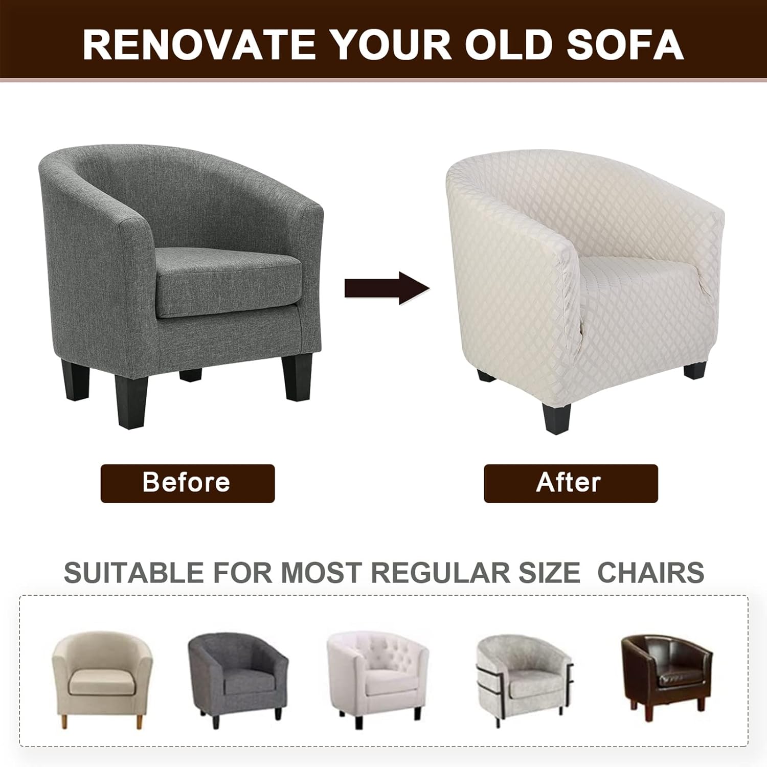 SearchI Club Chair Slipcover Stretch Barrel Chair Covers Jacquard Tub Chair Slipcover Spandex Armchair Sofa Cover Removable Couch Furniture Protector Arm Chair Cover for Living Room(Creamy-White)