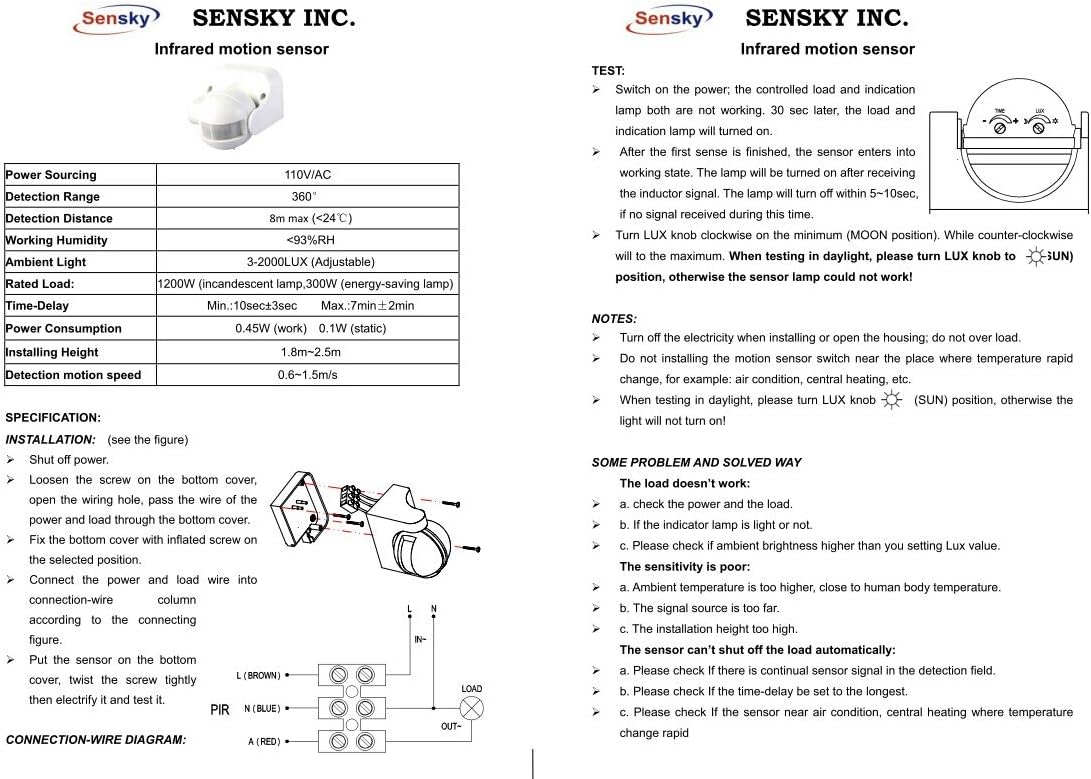 Sensky BS039A PIR Motion Sensor Light Switch,110-240VAC, Intelligent Infrared Sensor Switch,Occupancy Sensor Switch, Wall Switch for Indoor and Outdoor Use,Neutral Wire Required