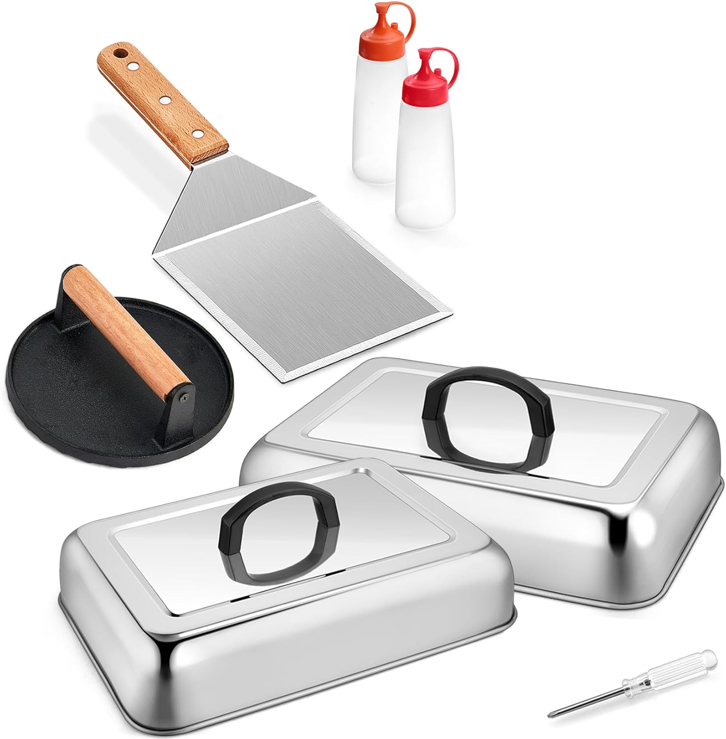 Joyfair Griddle Accessories Kit with Basting Cover Smash Burger Press, Rectangular Stainless Steel Cheese Melting Dome for BBQ Flattop Grill, Hamburger Spatula Turner & Squeeze Bottles