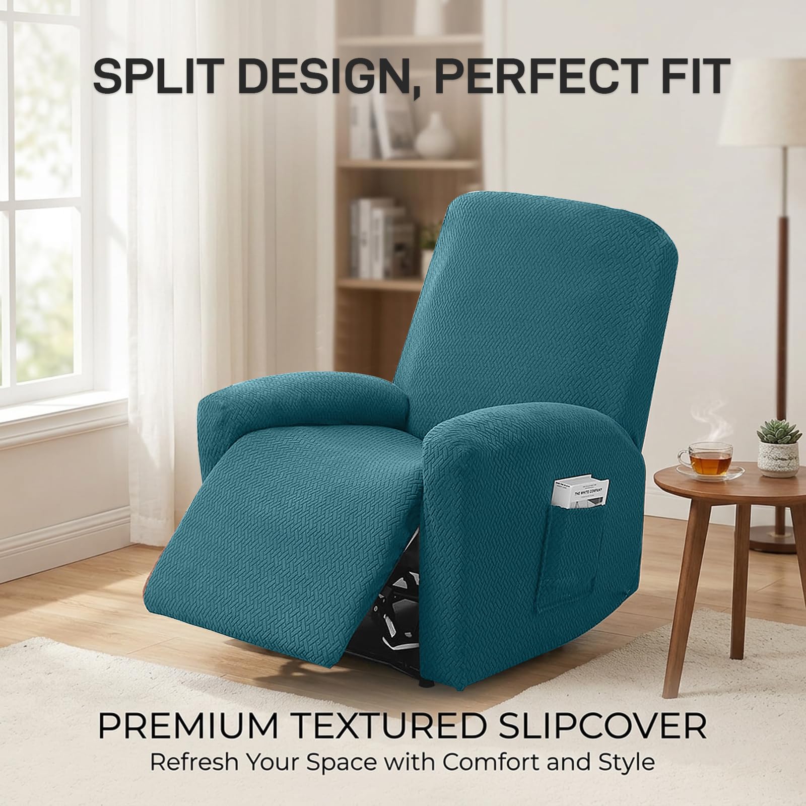 MeYuxg Set di 4 Copri Poltrona Relax Reclinabile, 1 Posto Elasticizzato con Tasche e Braccioli, Utte le Inclusive Strisce Jacquard, Lavabile (Verde)