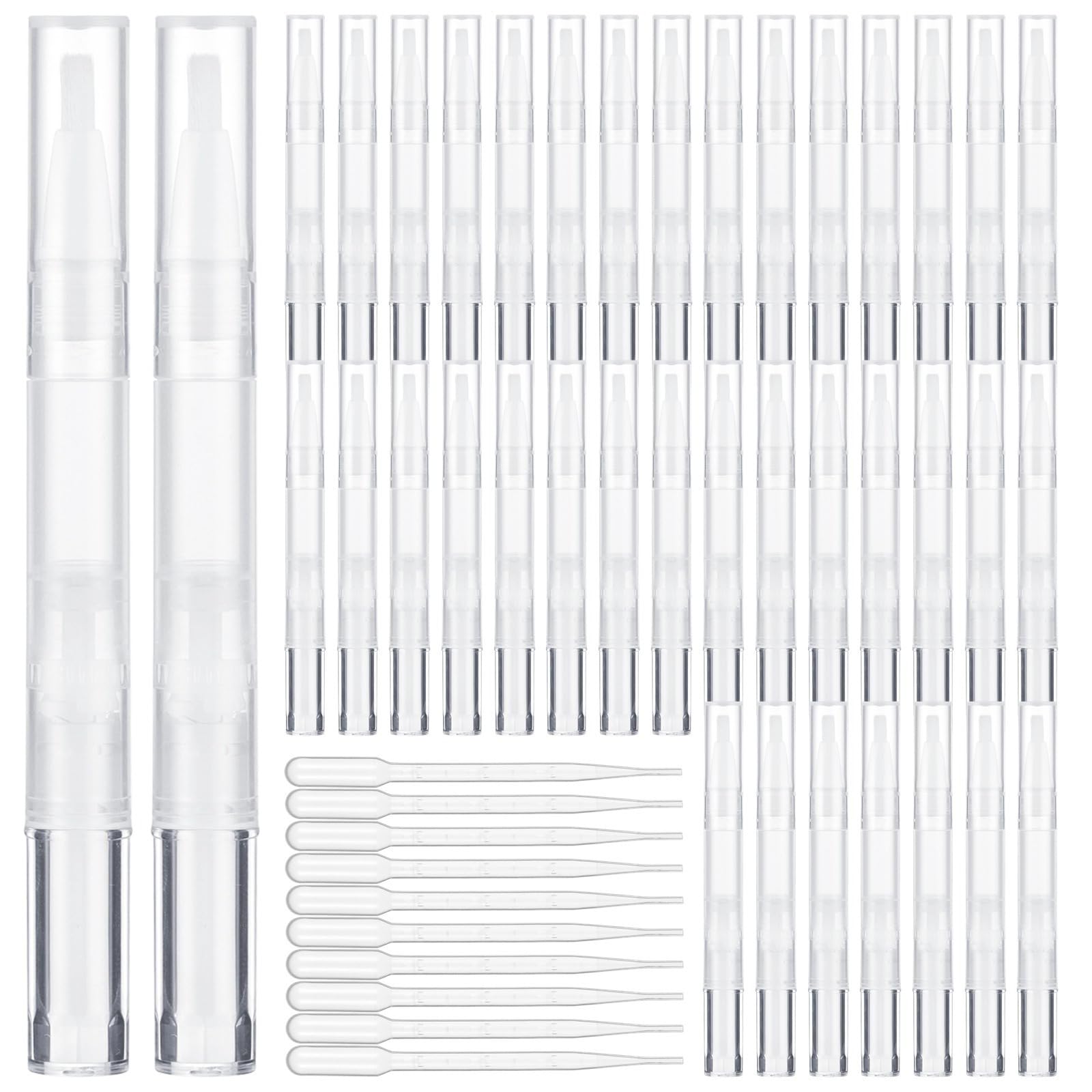 Paquete de 50 bolígrafos vacíos de aceite para cutículas de 3 ml con 10 cuentagotas, bolígrafos giratorios transparentes, punta de pincel, recipientes para brillo de uñas y labios