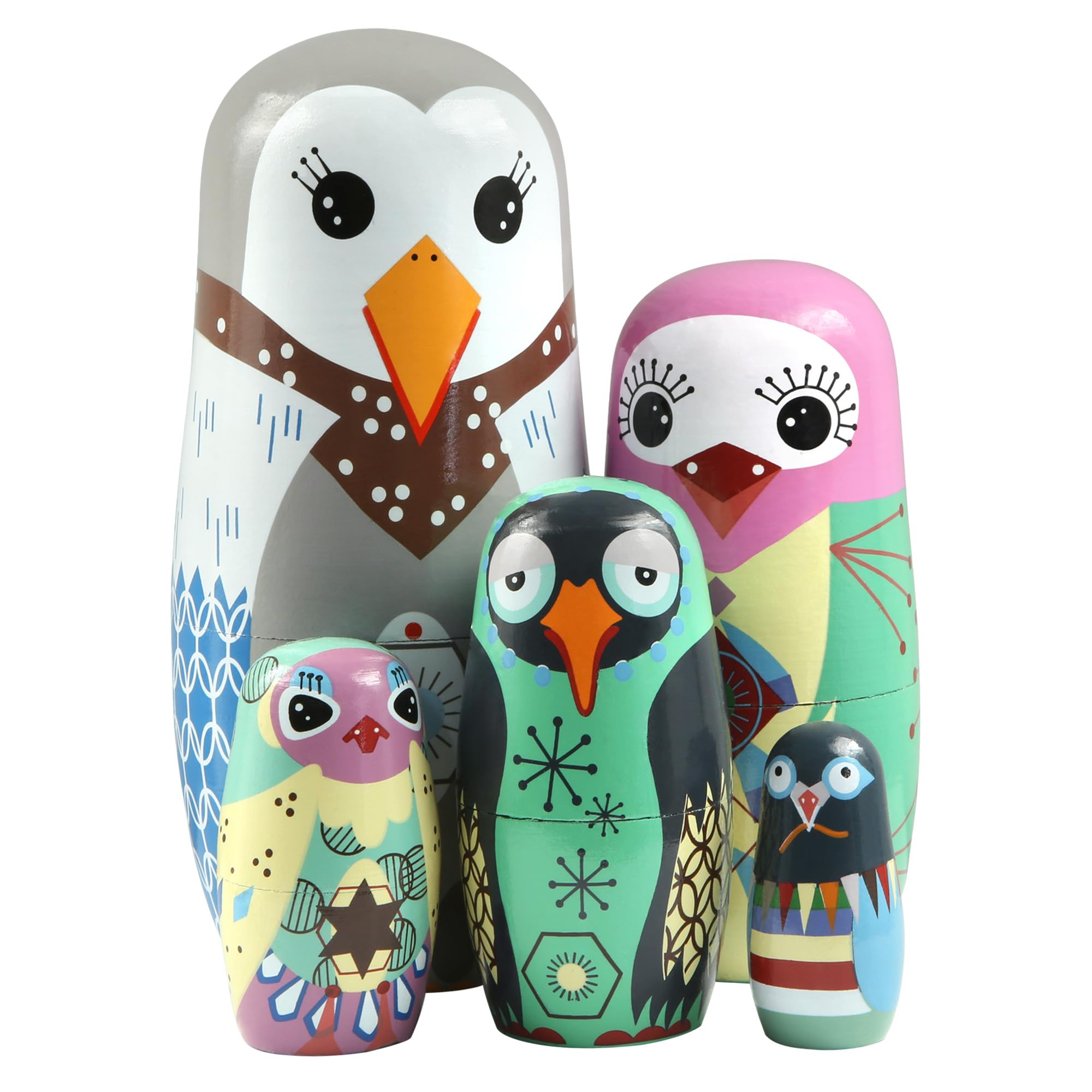 Boerni - Juego de 5 muñecas rusas con diseño de búhos de colores para niños, estudiantes, cumpleaños, Navidad y Halloween