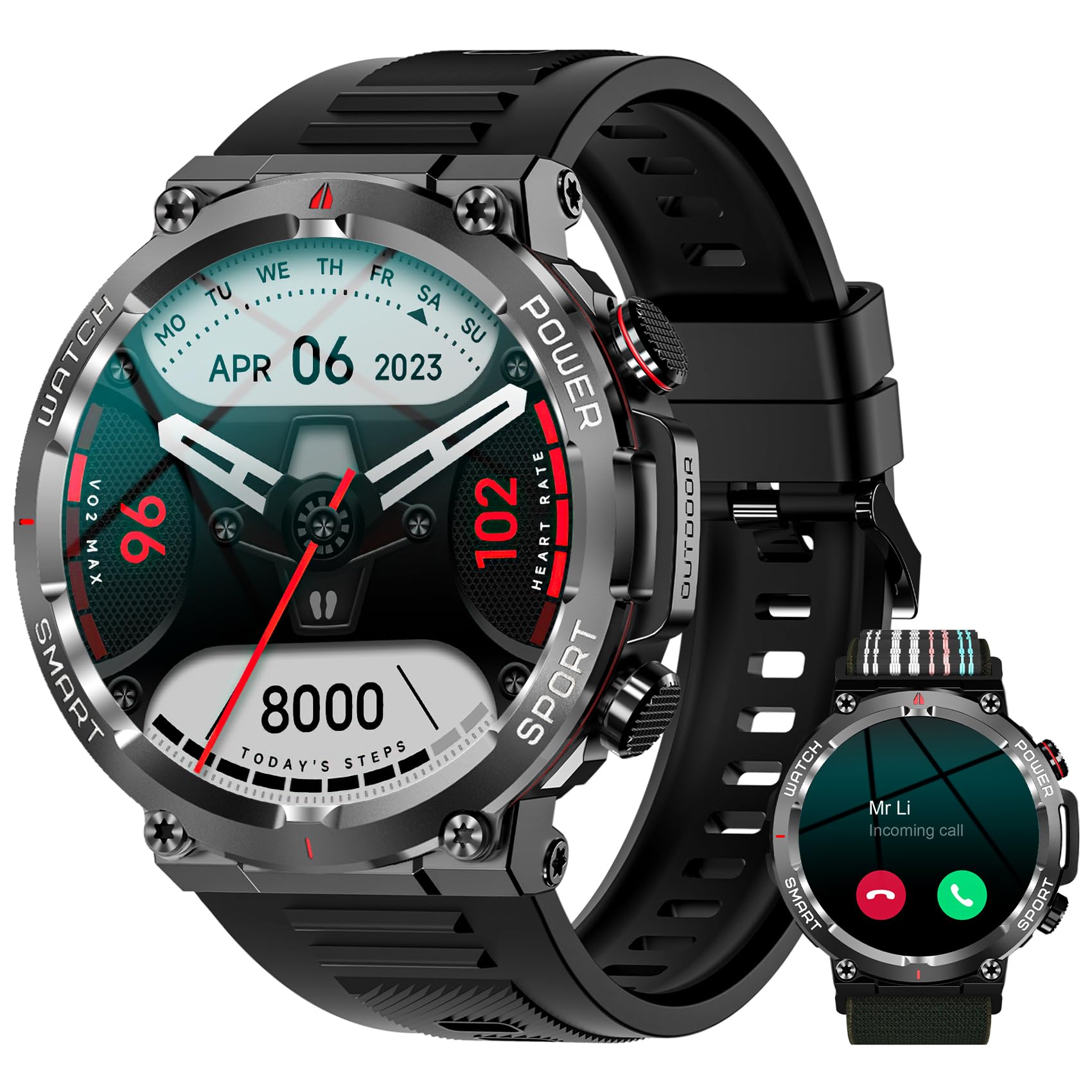 IOWODO Militär-Smartwatch mit GPS & Taschenlampe| ChatGPT | 7 Tage Akku |Bluetooth Telefonie & 100+ Sportmodi | 900mAh/100 Tage Standby | Kompass & 2 Bänder | IP68 Wasserdicht | Für Android & iOS