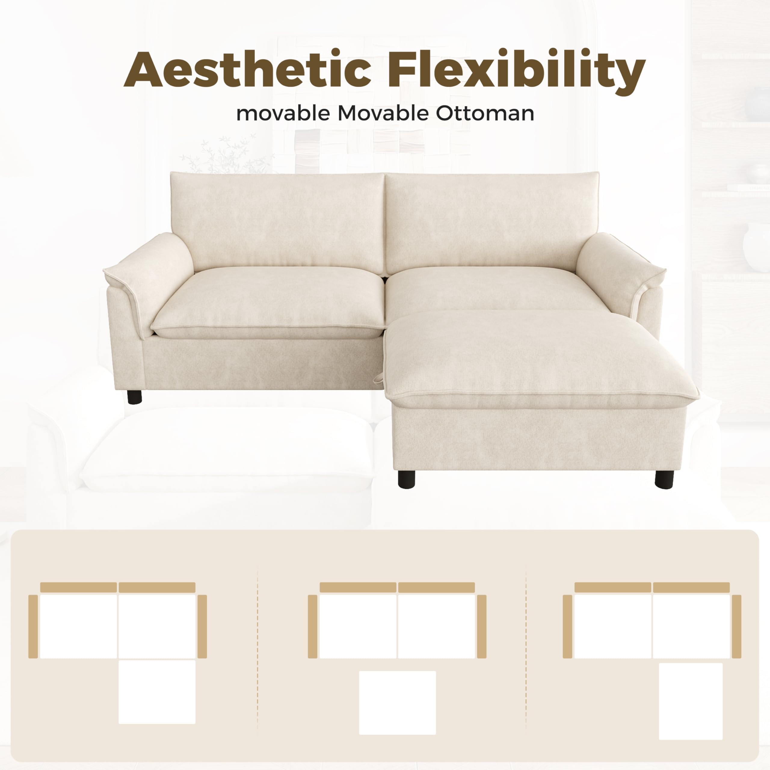 Merax Ecksofa L-Form 2-Sitzer Cloud Sofa mit Stauraum, Modulare Couch mit Flexibler Ottomane, Kleines Schlafsofa Polstersofa mit hoher Rückenlehne für Wohnzimmer, 216cm, Beige