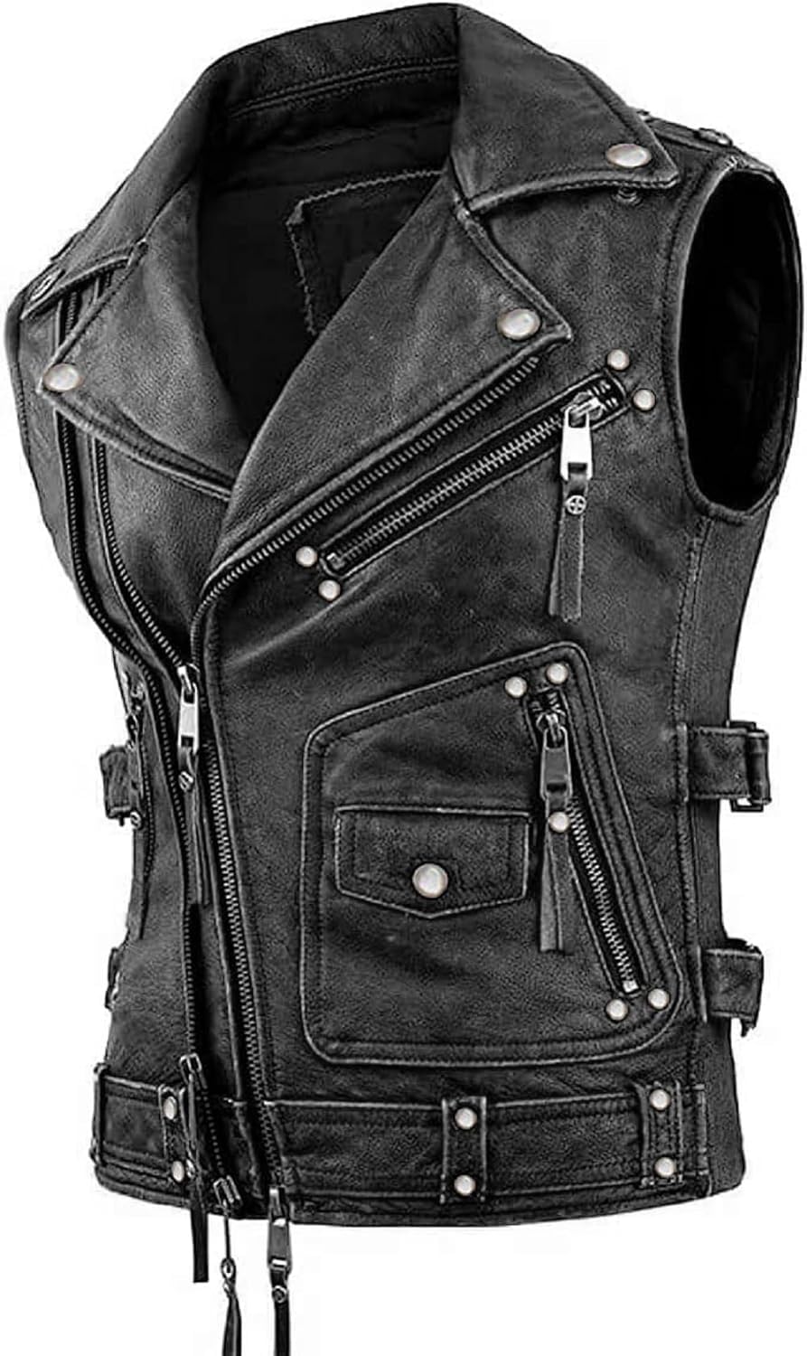 Cheemaz Men’s Vintage Negan Cowhide Brown Biker Riding sleeveless Motorcycle Leather Vest