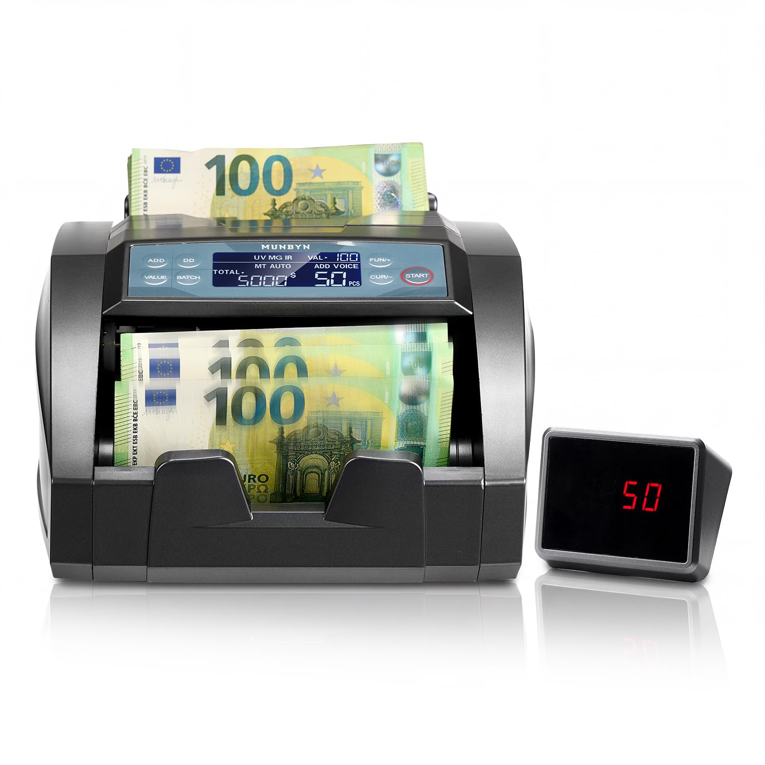 MUNBYN IMC27 Geldzählmaschine Scheine mit Wertezählung, UV/MG/IR/MT Falschgelderkennung,Geldzähler für Euro & Dollar,Add- & Batch-Modus,1300 Noten/Min,Inklusive 2 Jahre Garantie