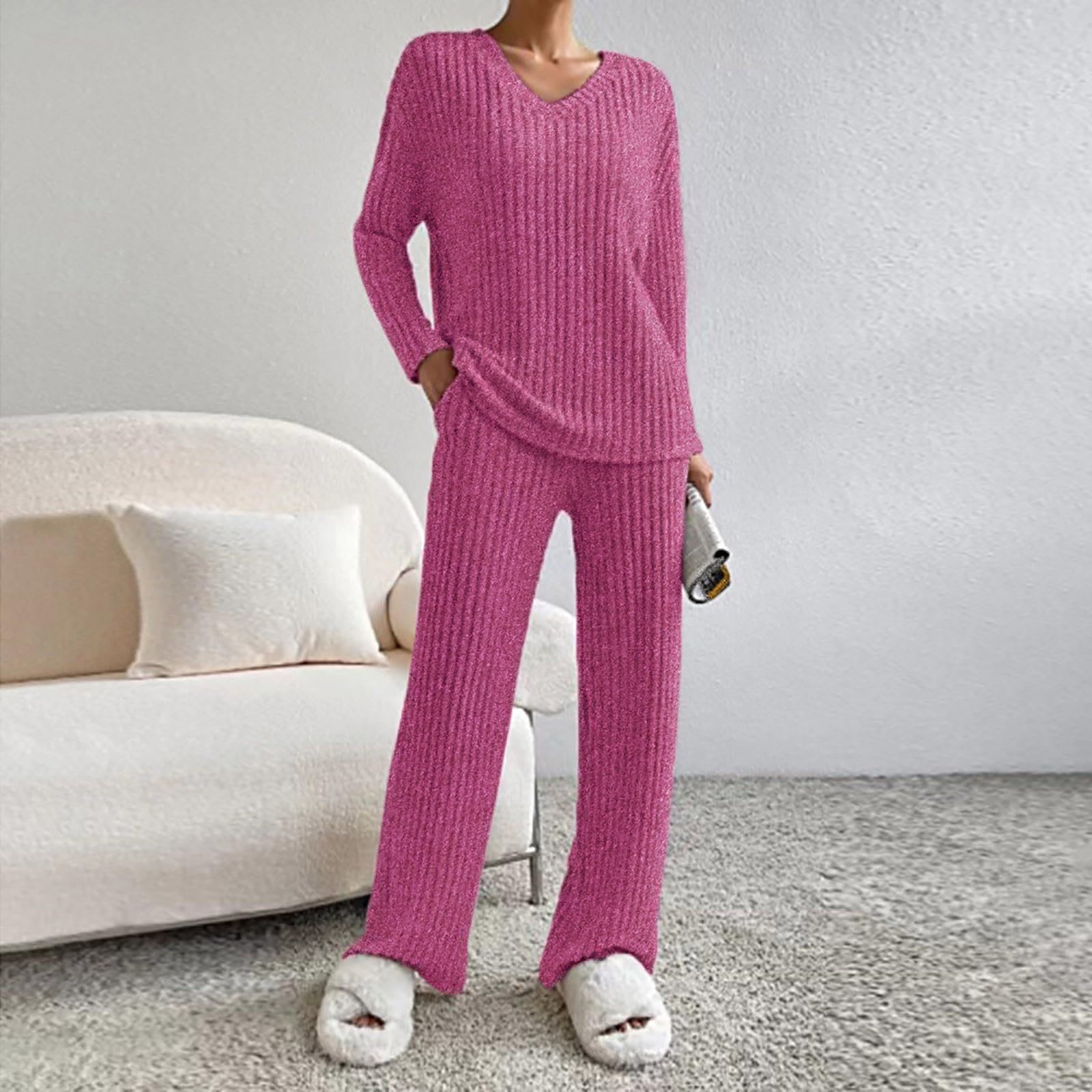 Strick Set Damen Zweiteiler - Strickanzug Damen Gerippt V Ausschnitt Elegant Loungewear 2 Teiler Lounge Wear Einfarbig Strickset Hose und Oberteil Freizeitanzug Modern Hausanzug Homewear Sleepwear
