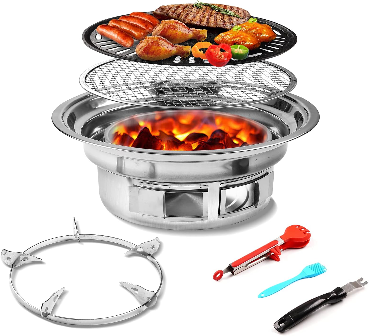 Shikha Korean Charcoal Grill, Portable Barbecue Grill Stainless Steel, Non-stick Charcoal Stove Multifunctional Grate,Tabletop Smoker Grill for Outdoor Indoor, Camping, Tailgating, Traveling