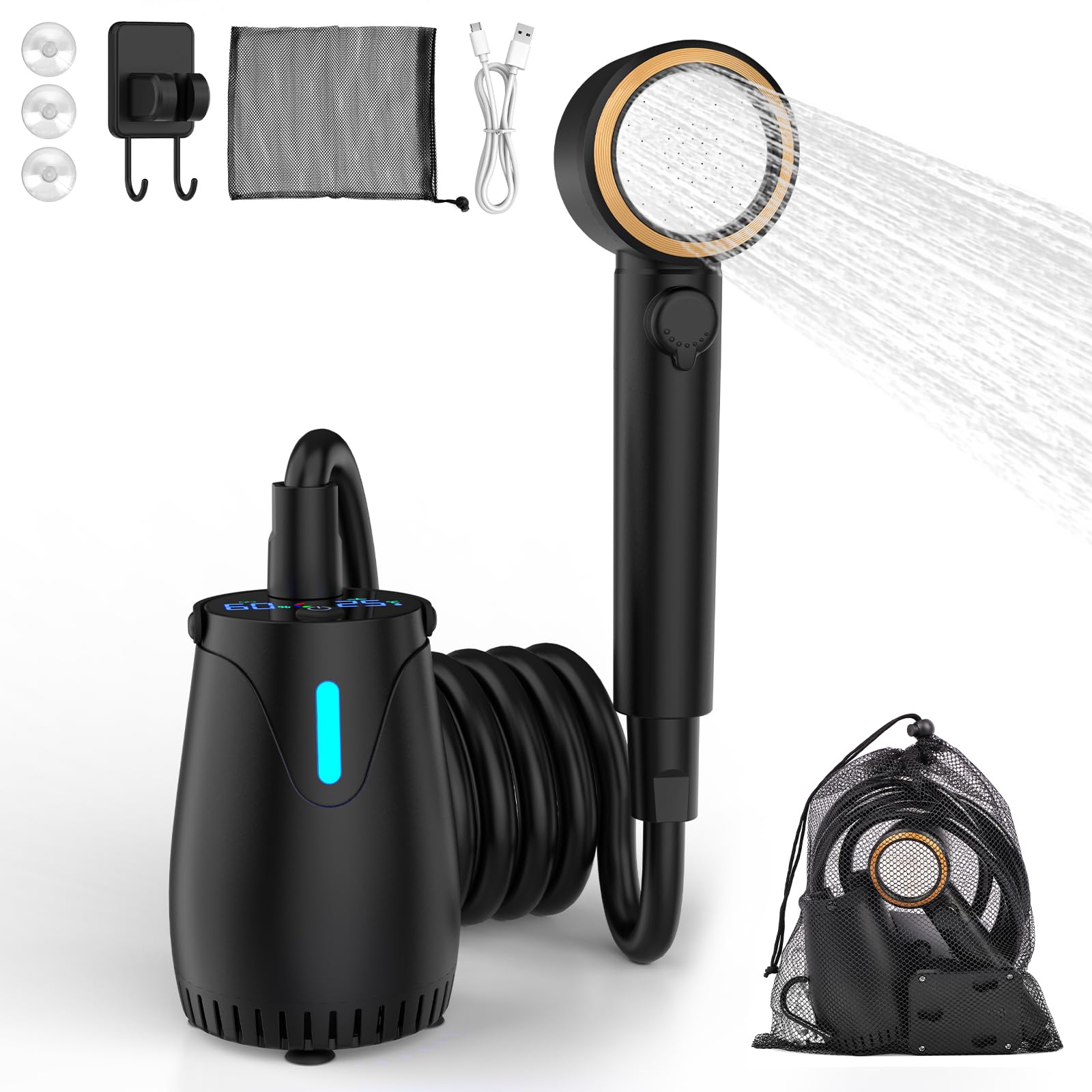 Doccia da Campeggio Portatile, 8000mAh Doccia Portatile Pompa Doccia Subacquea Ricaricabile USB Display LCD, IPX8, per Camper, Viaggio, Spiaggia, Animali Domestici