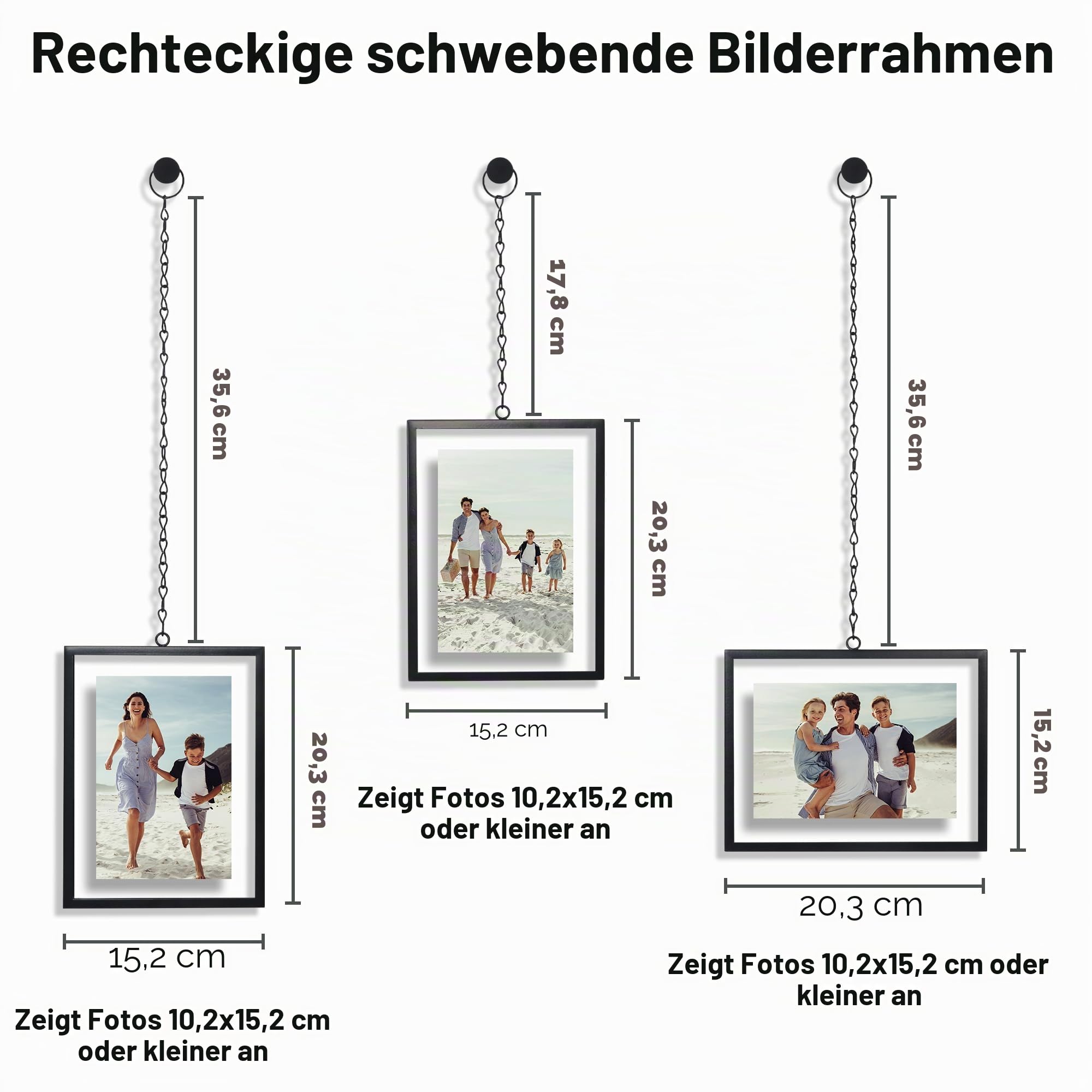 Americanflat Schwebender Metallrahmen mit Kette, 3 Stück, Verwendung als 10,2 x 15,2 cm Bilderrahmen, gepresste Blumen-Display für Wanddekoration, elegante schwarze Zierleiste mit bruchfestem Glas