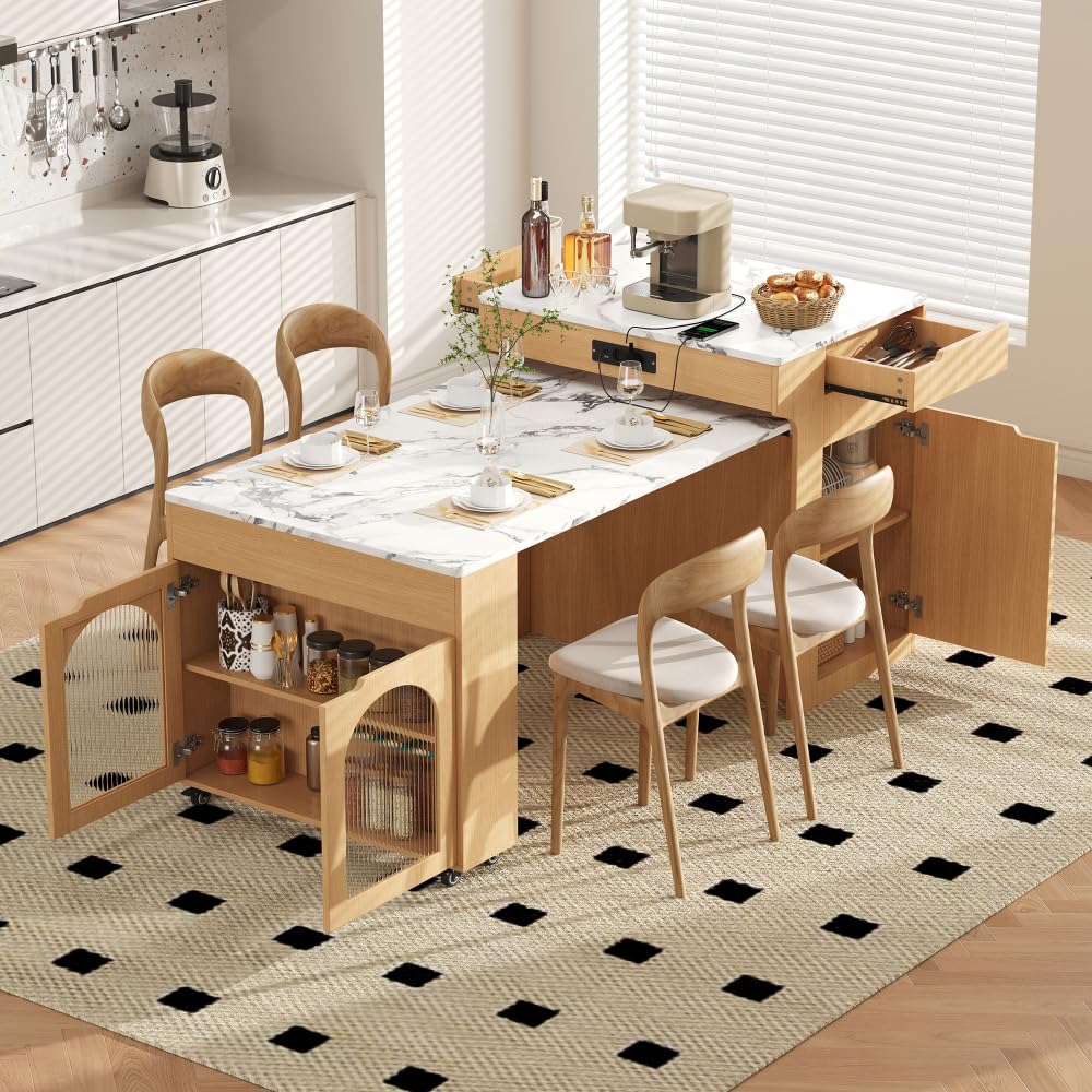 Isola da cucina modulare con tavolo Exble Rolling Wheels Reef Glass net 2 cassetti spazio di archiviazione multifunzionale tavolo da bar o credenza per cucina e sala da pranzo