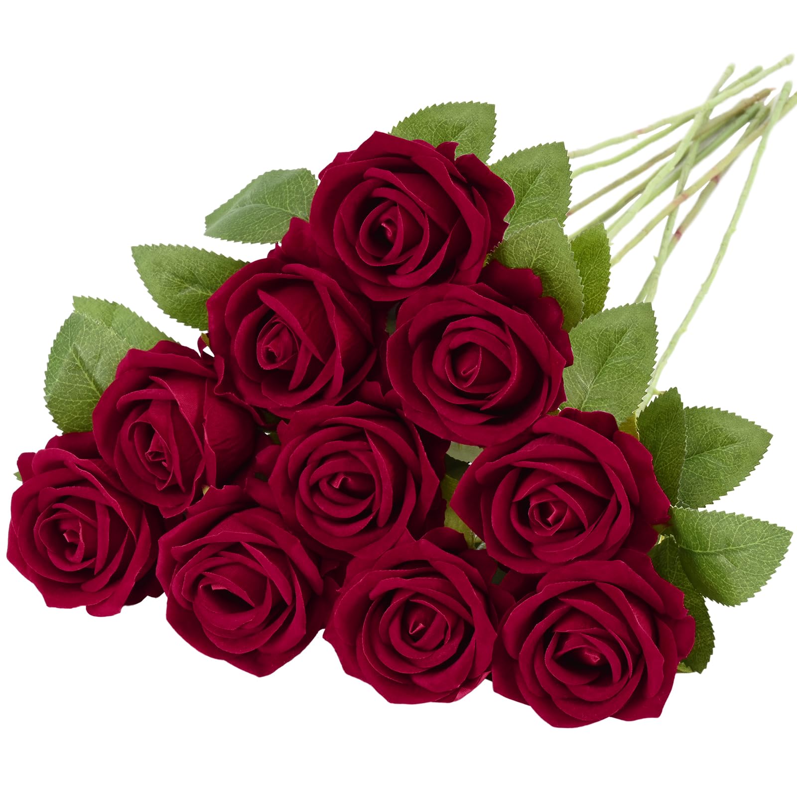 Artflower 10 Pcs Fake Red Roses Artificial Flowers with Long Stems, 20'' Faux Velvet Roses Bouquet for Valentine's Day Floral Arrangement Wedding Centerpiece Party Home Decorations