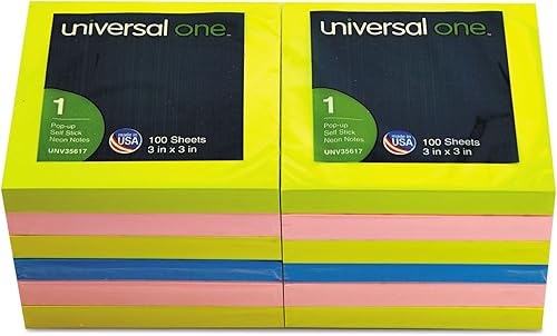 Universal Bloc de notas autoadhesivas plegables con abanico, 3 x 3 pulgadas, colores neón surtidos, 100 hojasbloc, 12 blocs por paquete