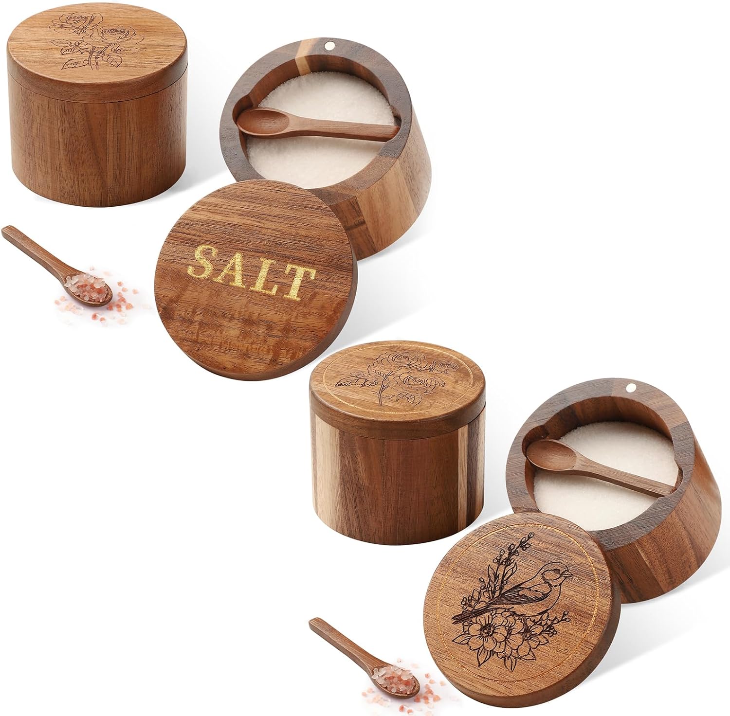 Rose & SALT and Rose & Bird Engraved Acacia Wood Salt Cellars
