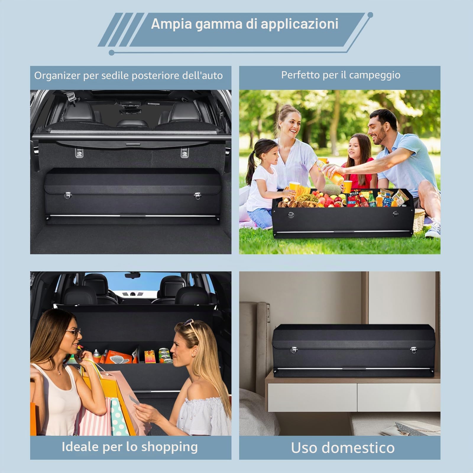 Organizer Bagagliaio Auto, in pelle impermeabile, con coperchio e manico stabile, vano portaoggetti per imballaggio, accessori SUV/Organizer Auto(nero, 101 * 29 * 31cm)