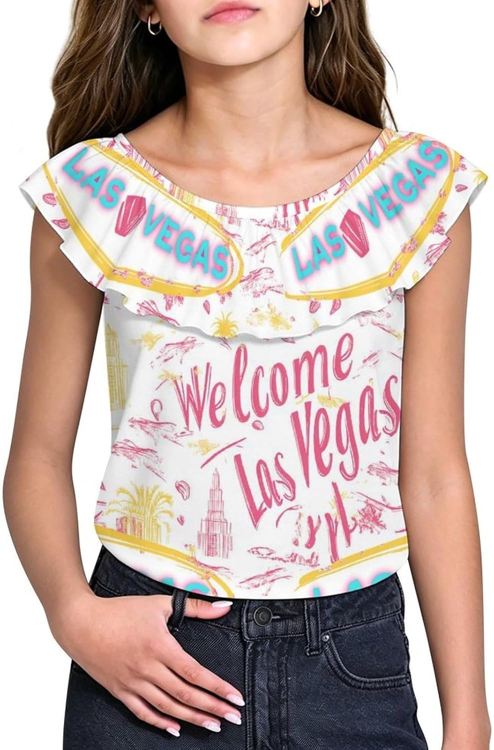 Welcome Las Vegas Girls T-Shirts Top Ruffle Short Sleeve Blouse Casual Graphic Tees