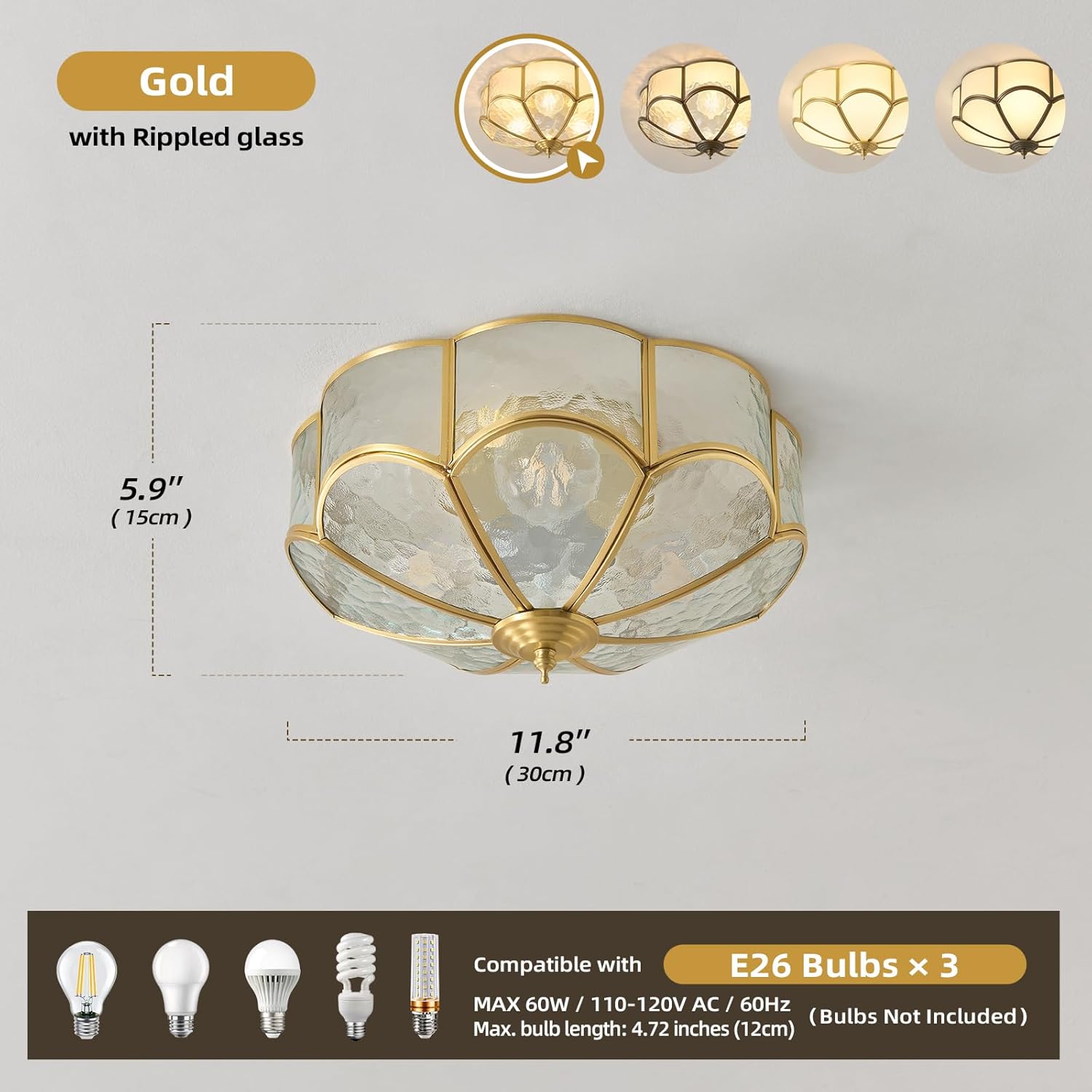 Gold Vintage Brass Ceiling Light - Small 11.8 Inch Hammered Glass Mid Century Flush Mount Lighting Fixtures - Art Deco Antique Modern Lamp for Hallway Bedroom Kitchen Entryway Laundry Foyer Bathroom