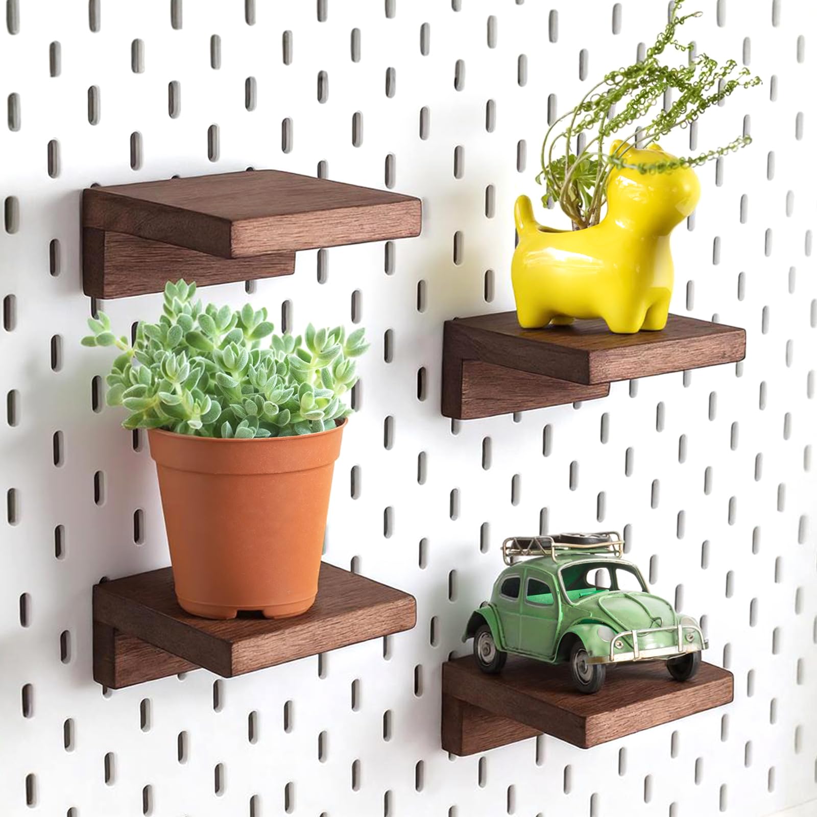 SEMPOMA 4-Pack Small Pegboard Shelves Compatible with IKEA Skadis Pegboard - 4''x4'' Walnut Wood Finish, Ready-to-Hang Display Shelves