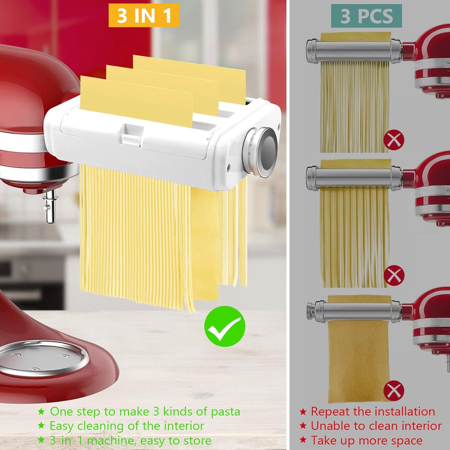 Pasta Maker Attachment 3 in 1 Set for KitchenAid Stand Mixers, 8 Adjustable Thickness Settings, Pasta Attachment Included Pasta Sheet Roller, Spaghetti Cutter and Fettuccine Cutter and Cleaning Brush