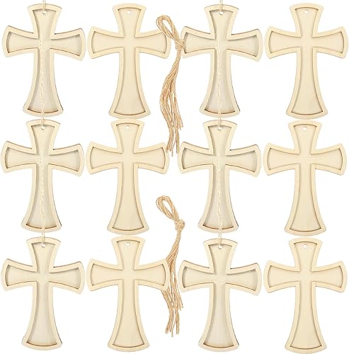 12 cruces de madera para manualidades, piezas de madera sin terminar, piezas de madera, adornos colgantes de cruz de pared con cuerda de yute para
