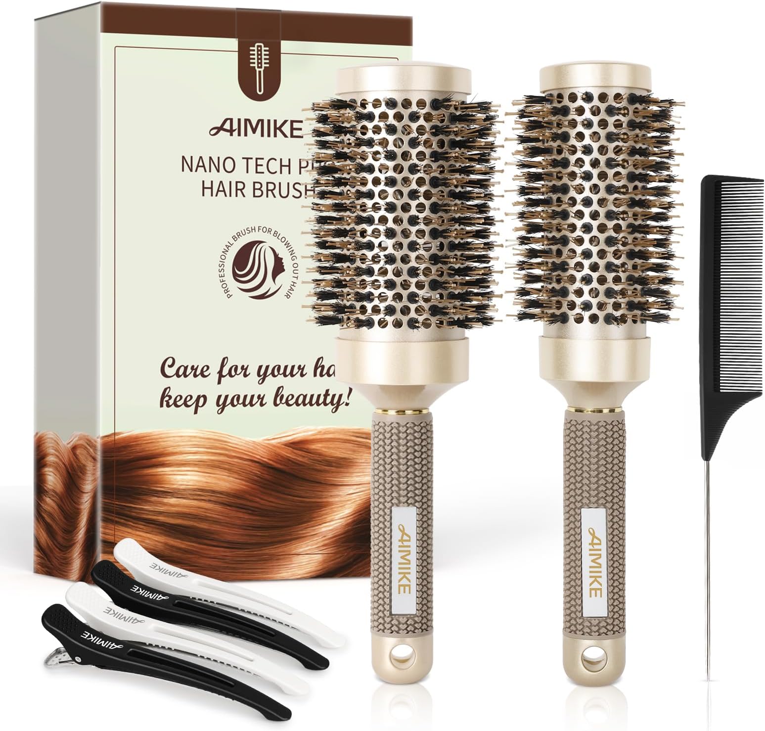 Hair Brush Set, Nano Thermal Ceramic & Ionic Tech Round Barrel Brush with Boar Bristles for Blow Drying, Enhance Texture for Styling, Curling and Shine, Includes 1 Tail Comb + 4 Hair Clips