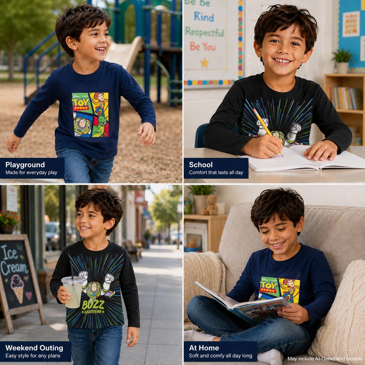Disney Toy Story Buzz Lightyear Woody Long or Short Sleeve Boys Tees 2 Pack