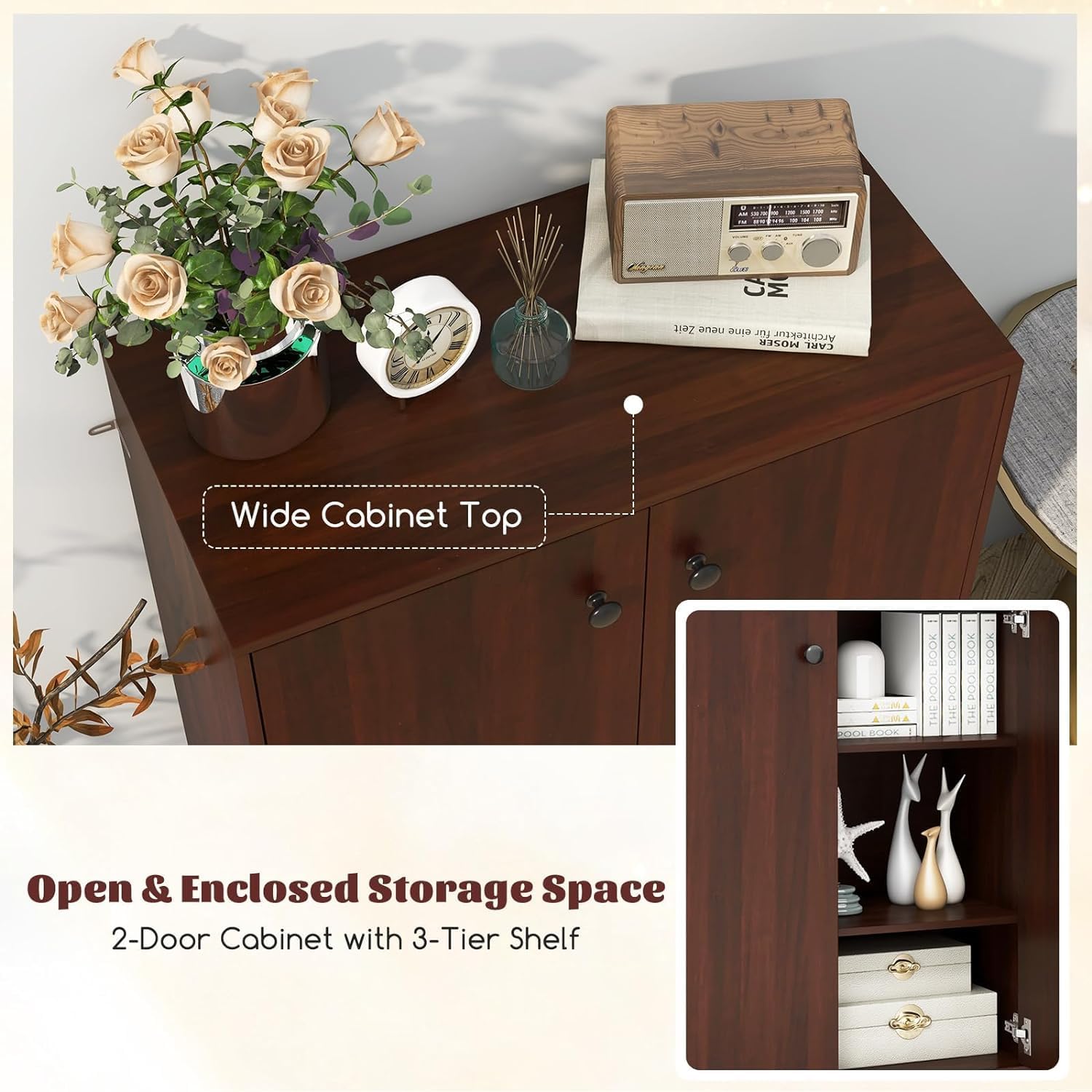 GOFLAME Floor Storage Cabinet with 2 Doors, Freestanding Storage Cabinet with 3-Tier Storage Shelf, Modern Buffet Cabinet for Living Room Dining Room Kitchen Entryway (Brown)