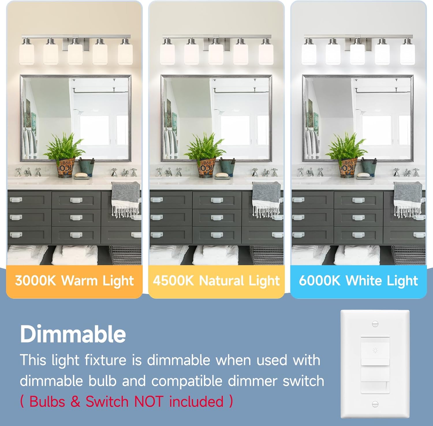 5-Light Bathroom Vanity Light,Brushed Nickel Vanity Lights with Square Frosted Glass,Modern Bathroom Wall Lights Fixtures Over Mirror,Wall Sconces Lighting for Bedroom Living Room,E26