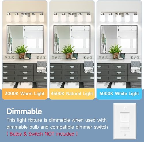 Miniatura 6 de Lámpara de tocador de baño de 5 luces, luces de tocador de níquel cepillado con vidrio esmerilado cuadrado, lámparas modernas de pared de baño sobre