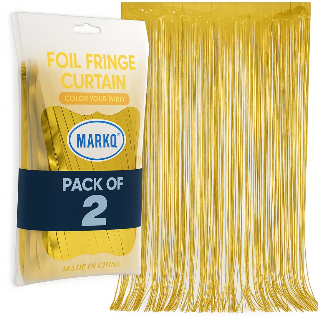 Gold Foil Fringe Curtain | 1 x 2-meter Metallic Tinsel Streamers Party Backdrop for Halloween, Baby Shower, Wedding, Eid, Graduation, Birthday Party Decorations [Pack of 2]