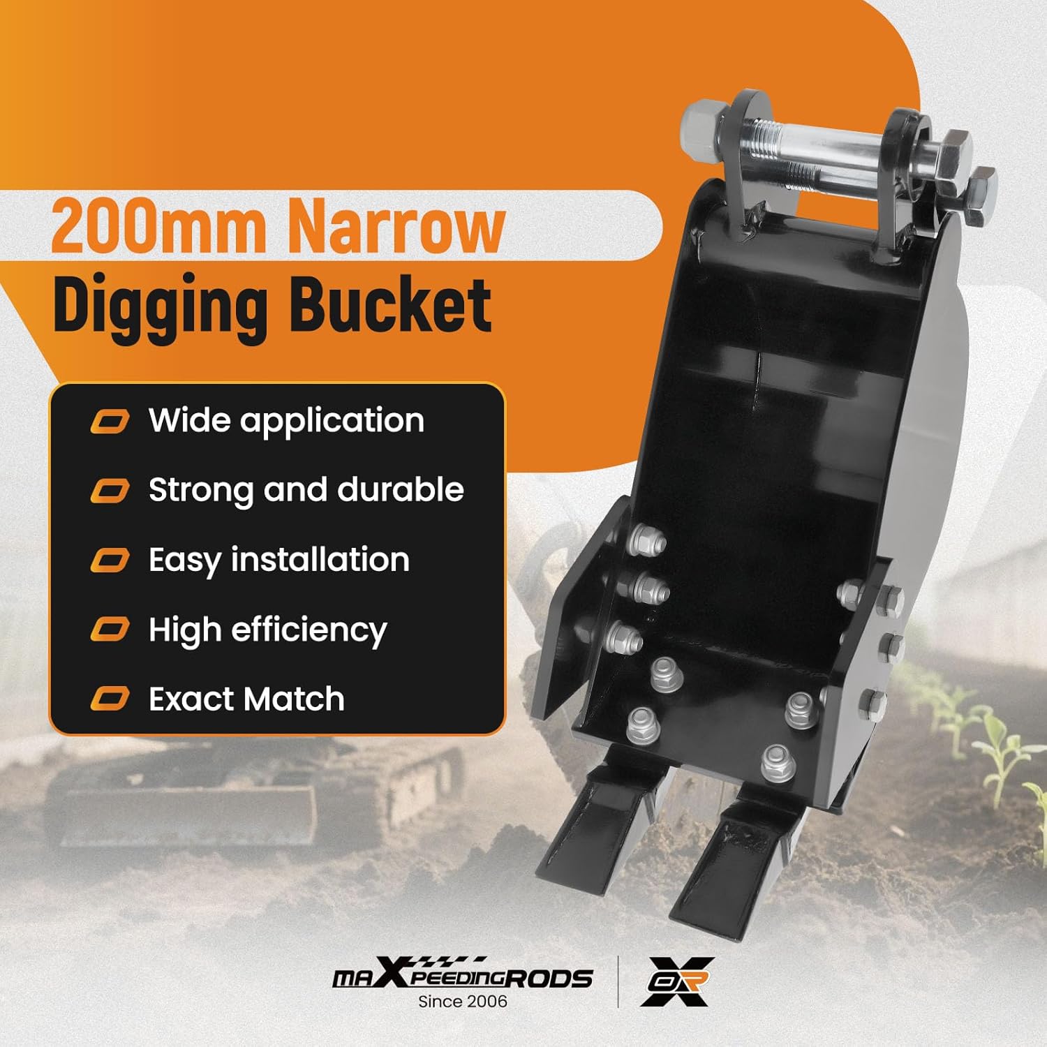maXpeedingrods Mini Excavator Bucket, 7.87" Narrow Digging Bucket, Hole Diameter 0.98in, 200mm Excavator Attachments Bucket Metal Trenching Digger with Metal Teeth
