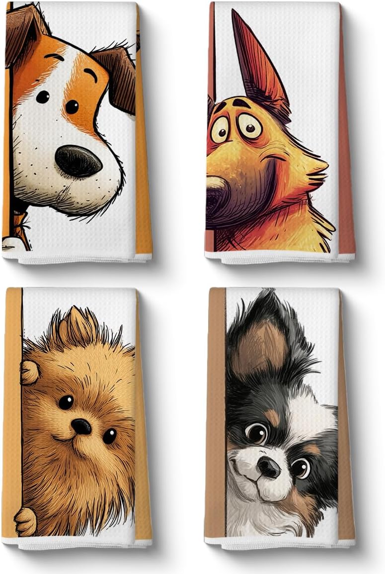 4 Pcs Cute Dog Kitchen Towels, Waffle Weave Tea Dish Towel 14 x 24 Inch | Cartoon Peeking Dogs Hand Towels for Kitchen Bathroom Decor, Dog Mom Gifts for Women Microfiber Cleaning Cloth