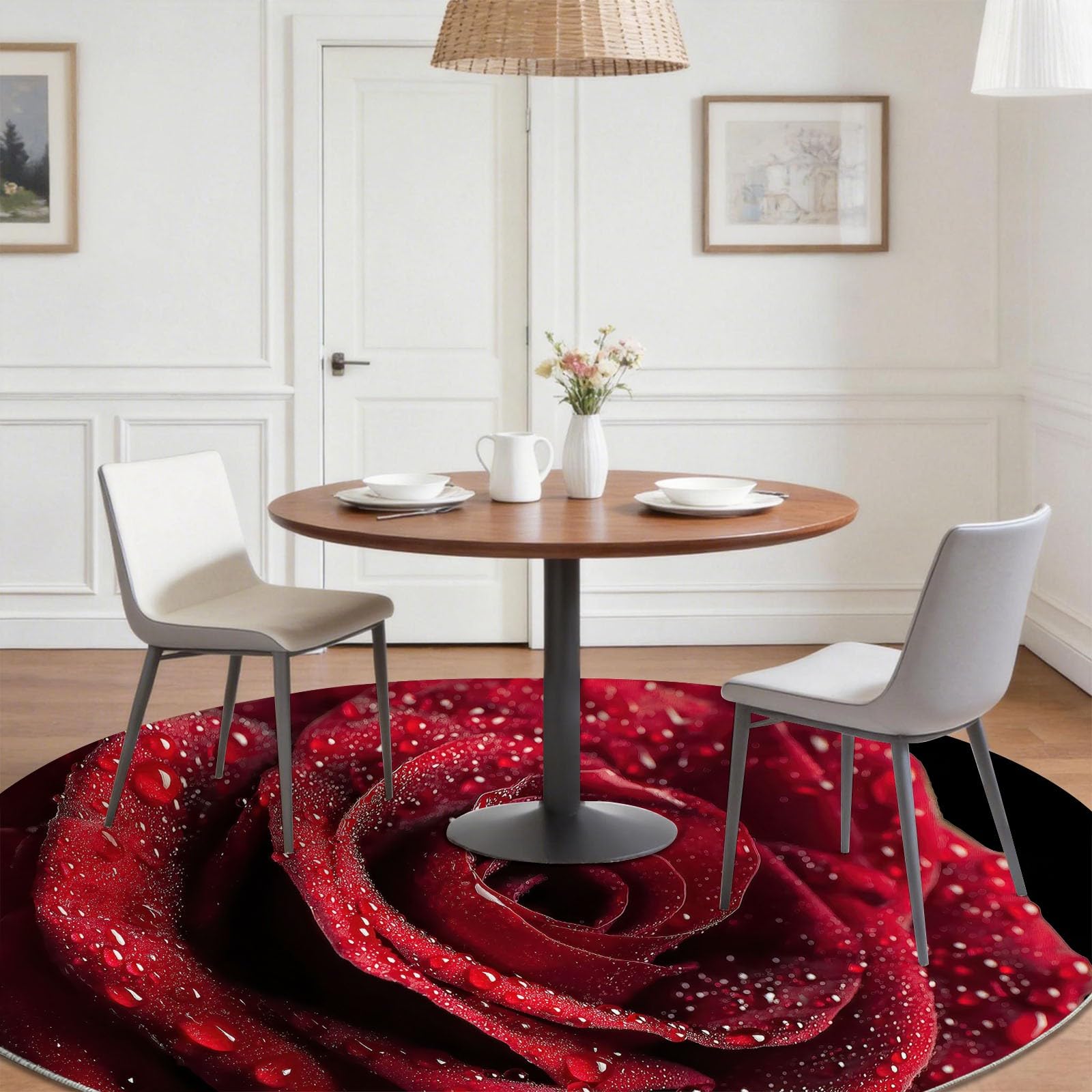Okrągły dywan 120 cm realistyczny botaniczny czerwony czarny różowy krople wody płatki okrągły dywan, miękki, antypoślizgowy, zmywalny - nadaje się do sypialni, przedpokoju, pokoju rodzinnego sypialni