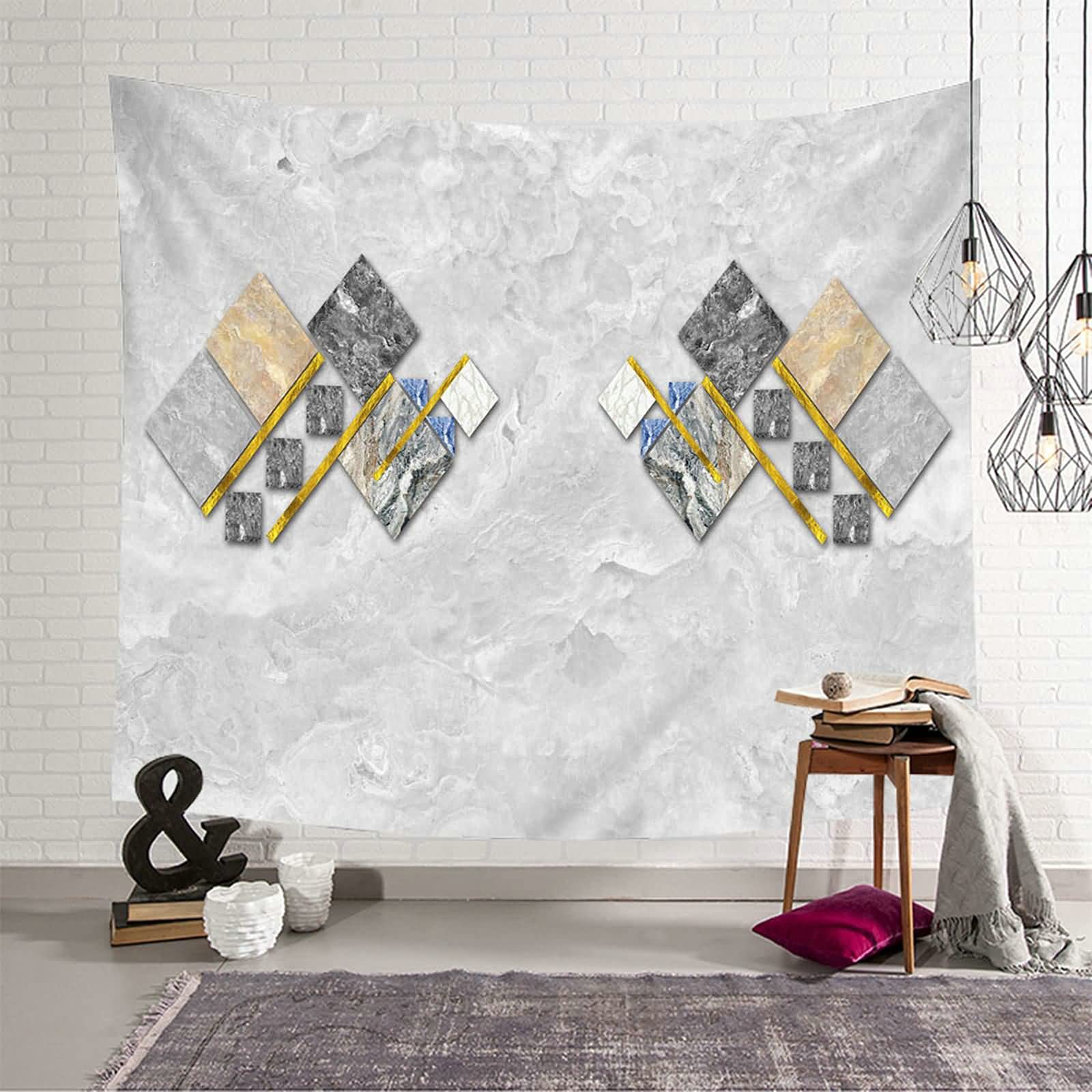 Tapiz de pared KnSam geométrico gris de poliéster para decoración de salón de 150x130 cm