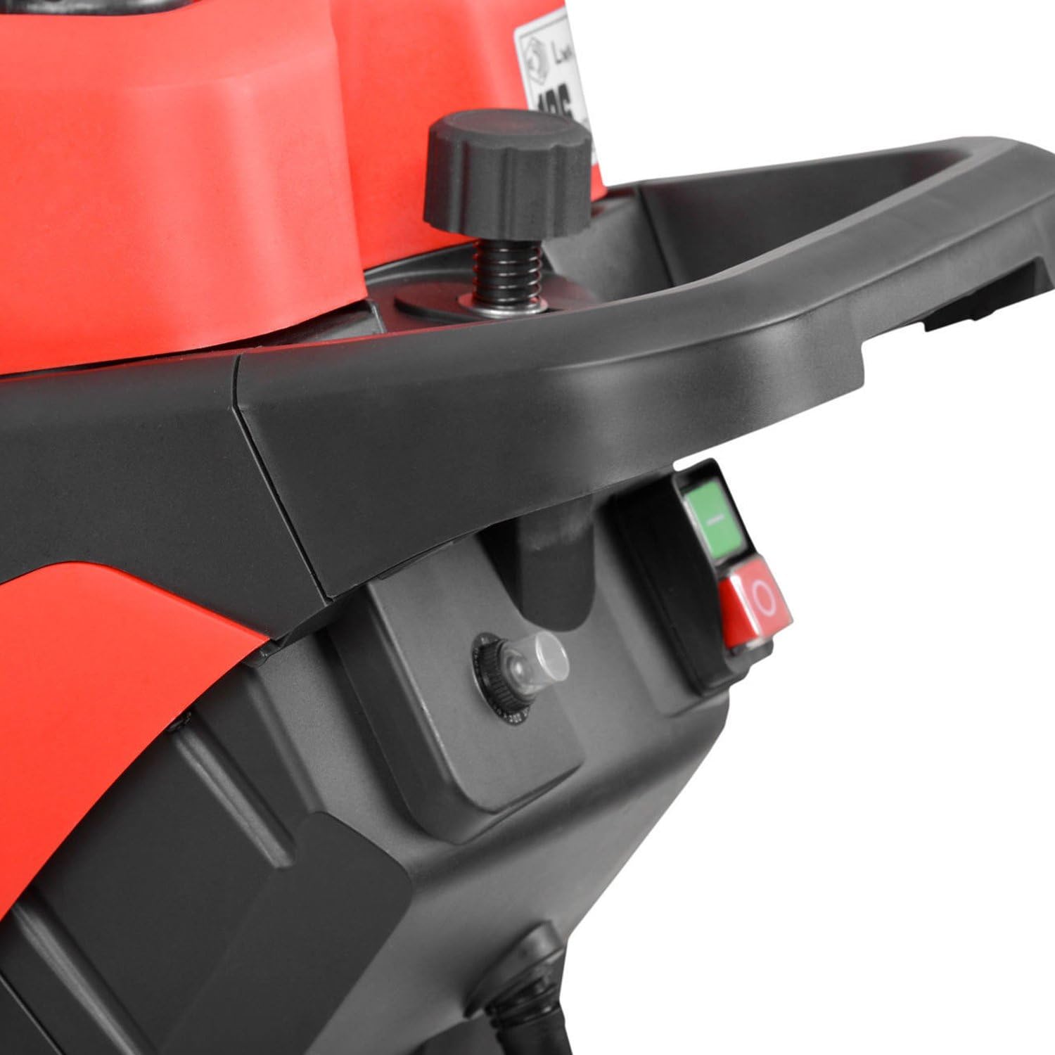 Close-up of the shredder's feeding chute and adjustment knob