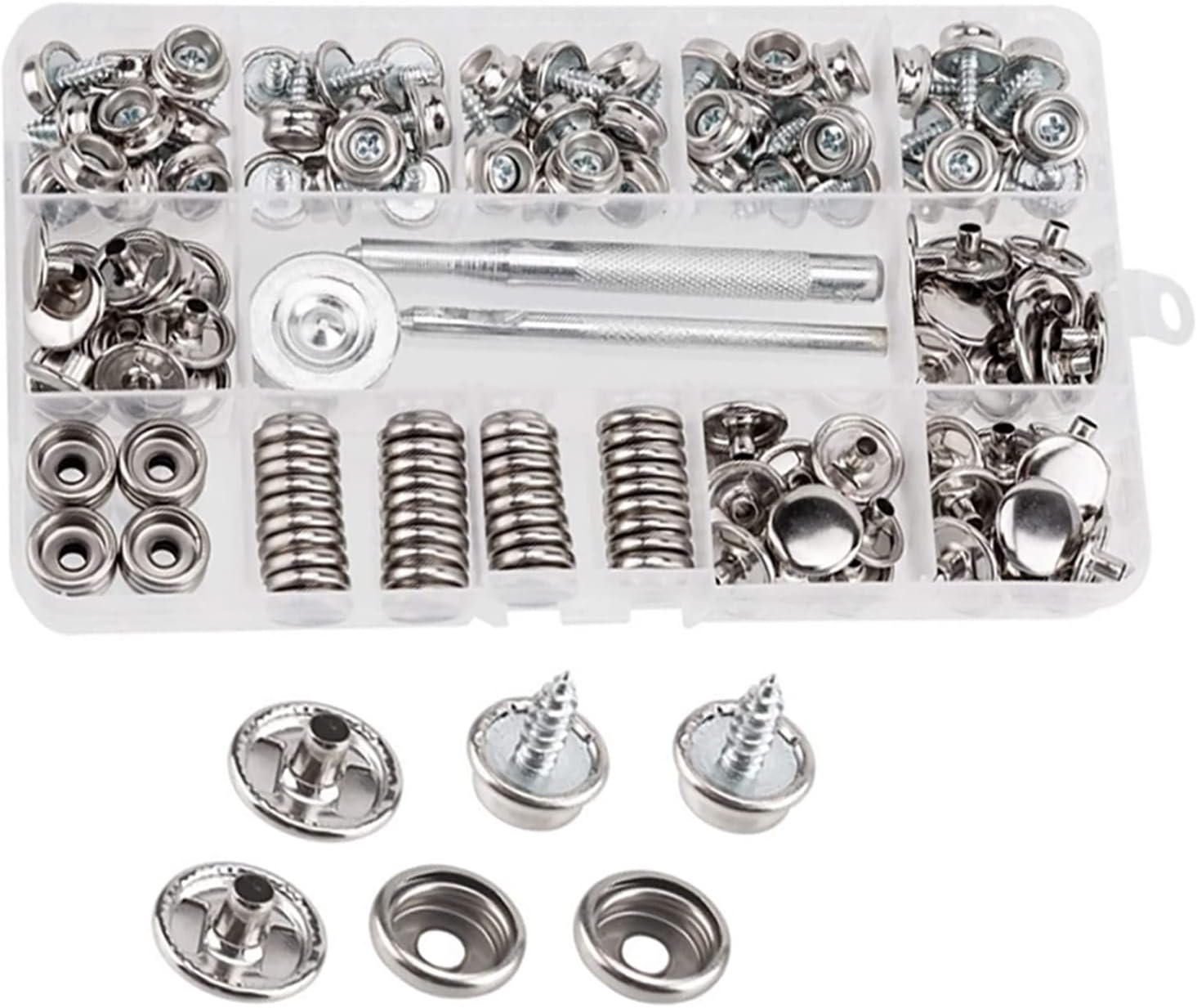 tooloflife 150PCS Canvas Snaps Kit, Stainless Steel Metal Snaps Kit for Furniture Canvas Marine Grade Boat Cover Snap Silver Metal Snap Button Kit with 2 Setting Tool