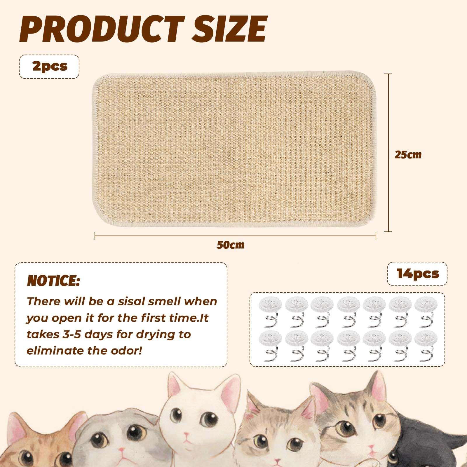 2 Pièces Tapis Griffoir pour Chat, Anti-dérapant Horizontal et Vertical en Sisal, Grattoir pour Protéger Les Meubles, 50x25cm