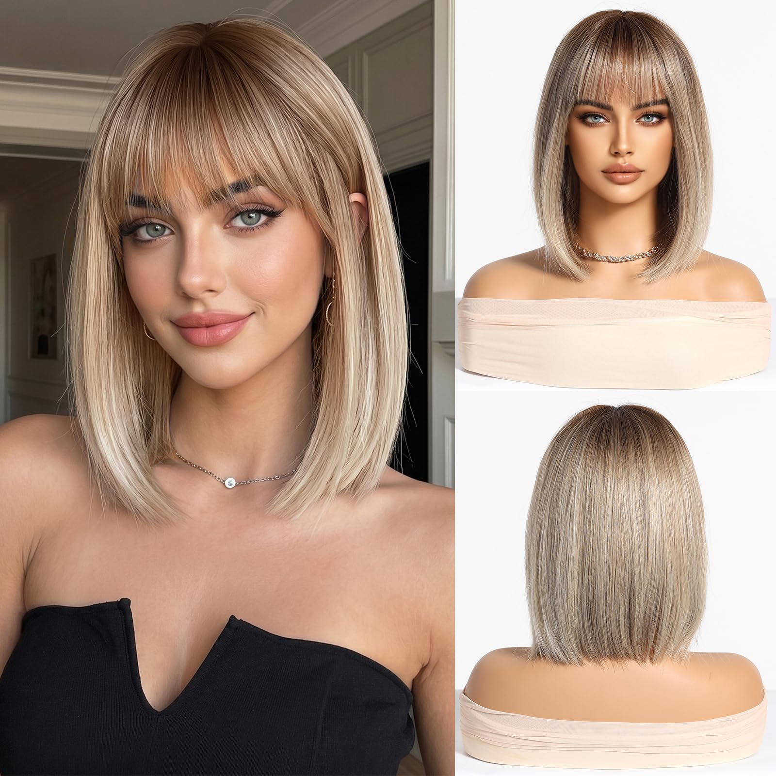 Esmee Parrucche Bob Corte Lisce Biondo Con Frangia Parrucca alla Lunghezza delle Spalle Sintetiche Ombre per Cosplay Uso Quotidiano & Party