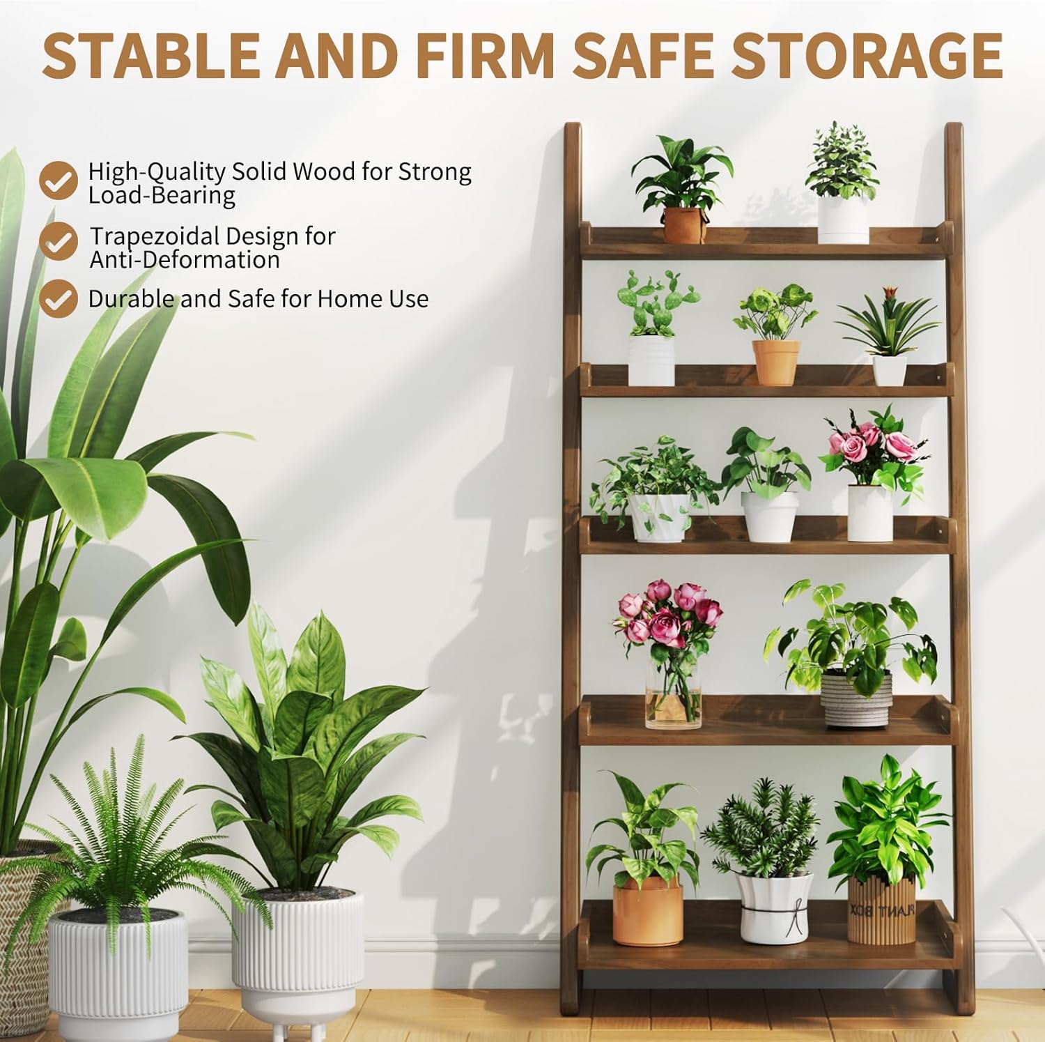 Uniclinens Walnut 5-Shelf Ladder Shelf,Space-Saving Leaning Structure for Compact Spaces,Open Wall-Mounted Storage Rack for Living Room, Bedroom, and Home Office