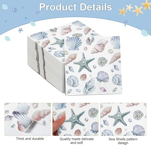 Miniatura 3 de Funrous 200 servilletas de papel de mar de 3 capas, servilletas de conchas marinas, playa costera, coral, náutico, costero, toallas de papel para