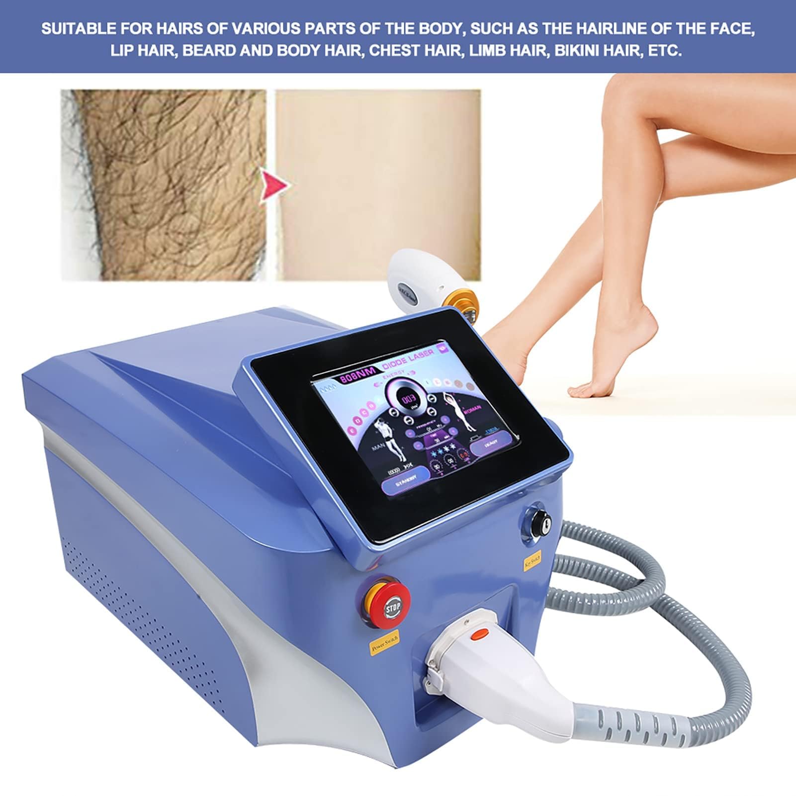 Máquina de depilación permanente láser de diodo 808, máquina de depilación portátil para mujeres y hombres, para uso facial, piernas, brazos, todo el cuerpo, removedor de vello profesional