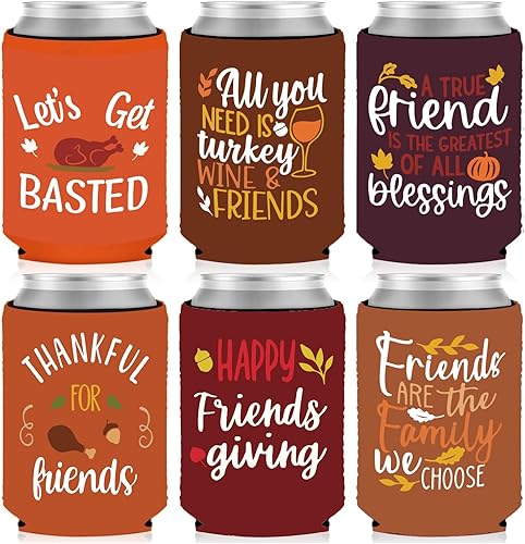 6 piezas de decoraciones de regalo de amigos, fundas para latas de amigos, reunión de amigos, enfriador, neopreno, Acción de Gracias, decoración de