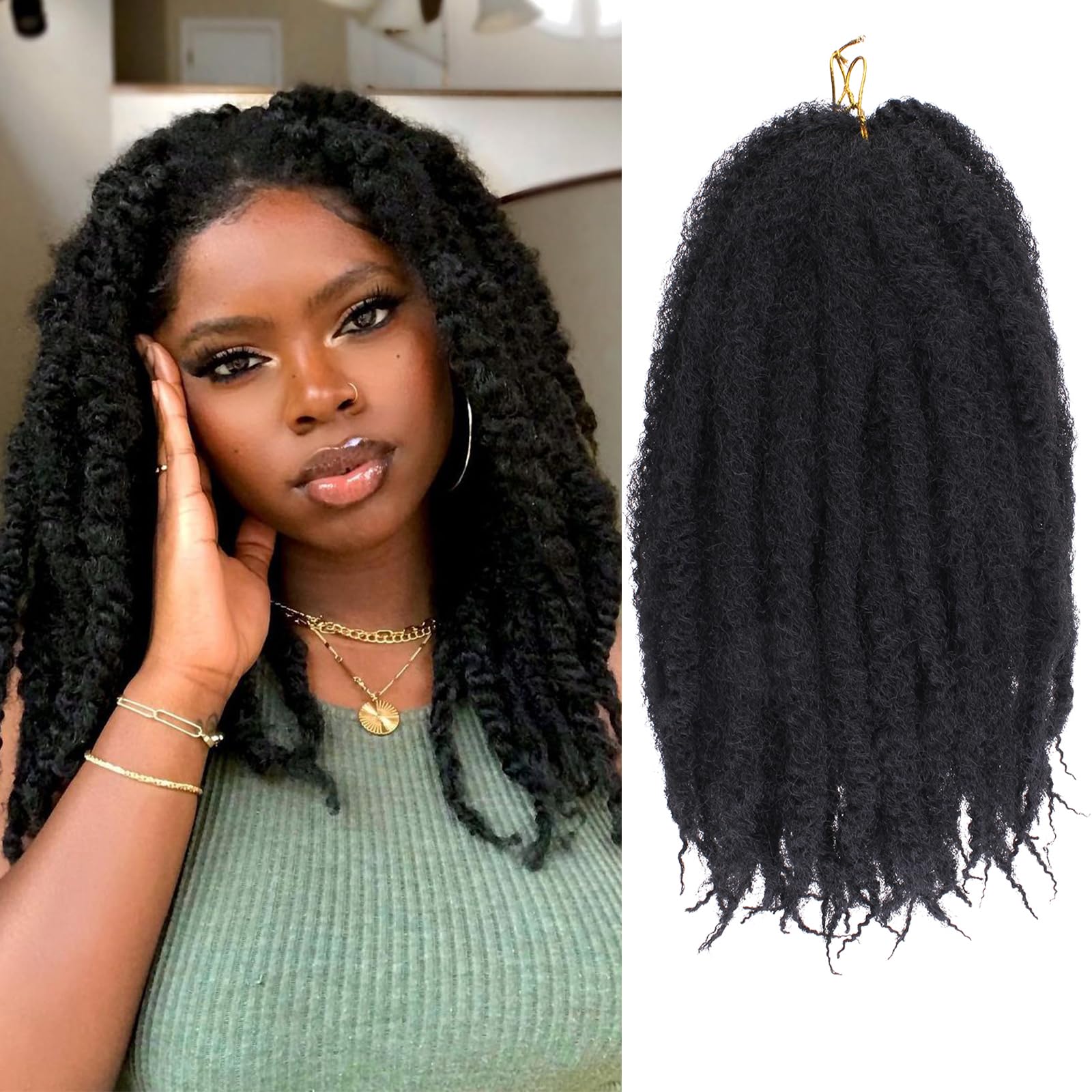 RuiYok 14 Inch Marley Twist Braiding Hair 8 Packs Marley Hair Crochet Braids Natural Black Pre-Separated Springy Afro Kinky Twist Crochet Hair for