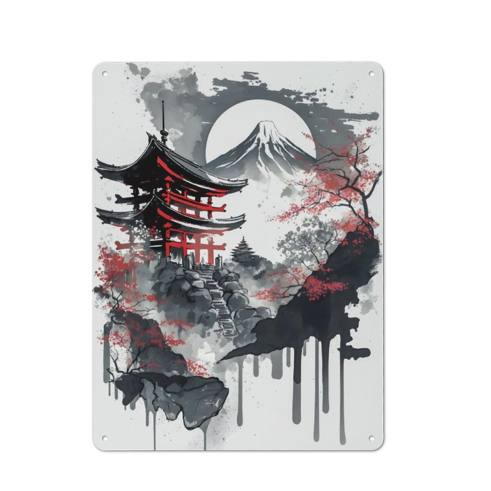 Junmoney Japanese Temple Ink Wash Printed Metal Sign 40X30cm For Guest Room Or Hallway, Suited To Home Decor Collectors
