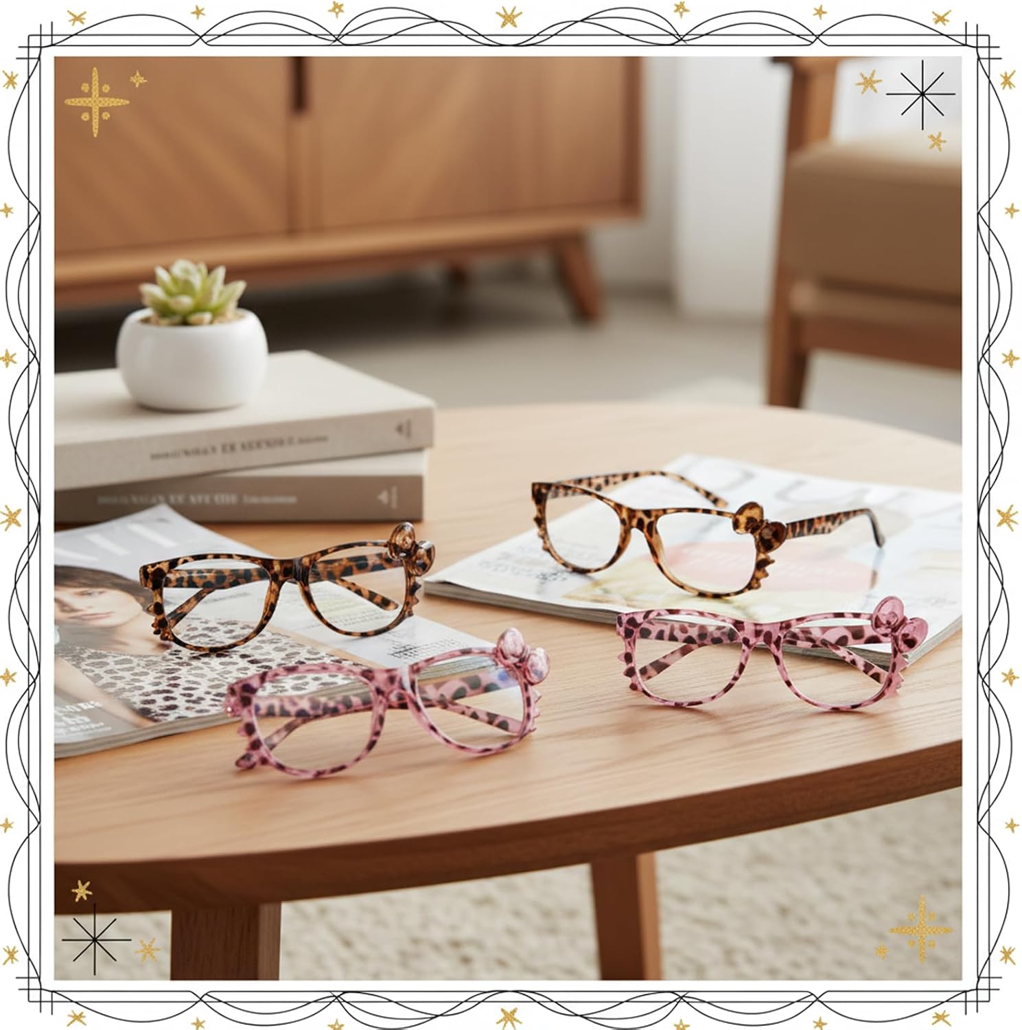 Cheetah Print Glasses, Cheetah Glasses Set of Four, Two Colors Two Each, Stylish Eyewear for Everyday Use, Durable Frame Material