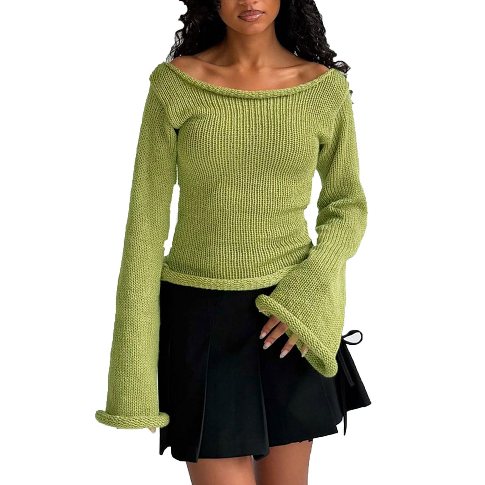 Womens Off The Shoulder Sweaters - Elegant Bell Sleeve Ladies Knitted Casual Crop Sweater Tops